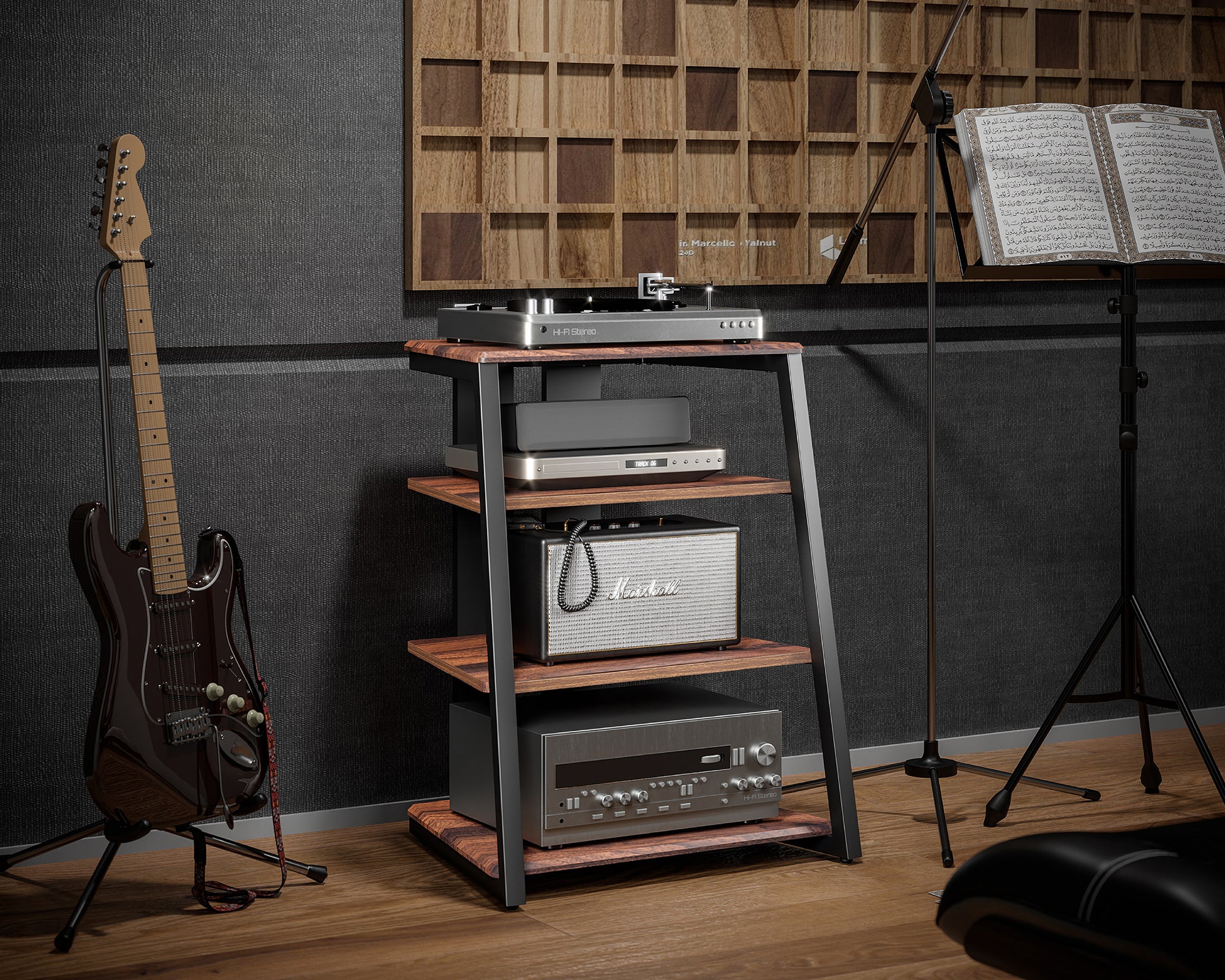 Nussbaumfarbenes Audio-Rack im Musikzimmer, Showroom