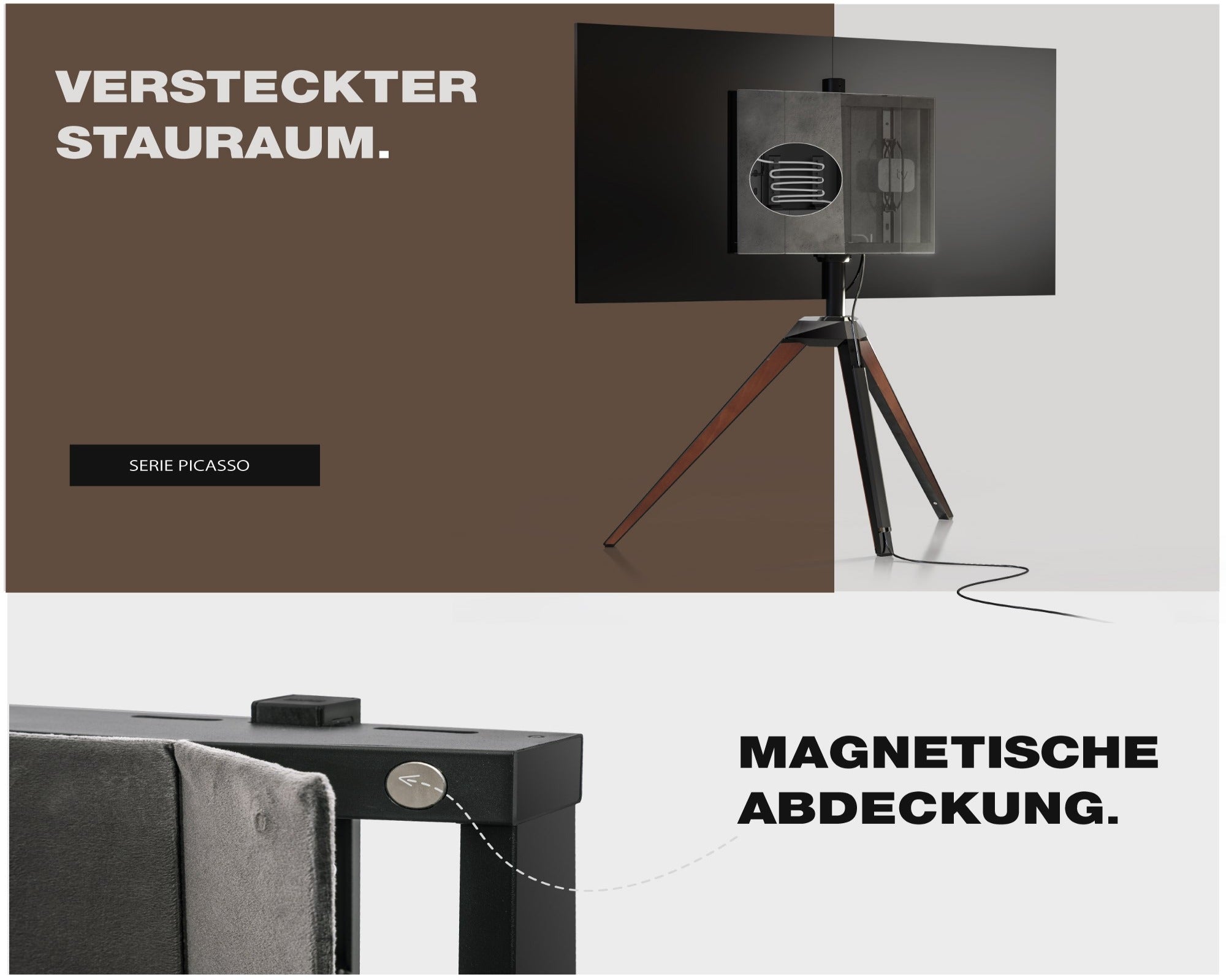 Nussbaumfarbener TV-Ständer mit magnetischer Abdeckplatte