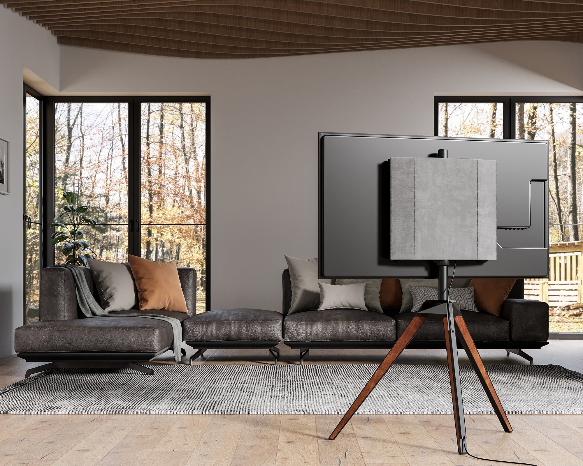 Minimalistischer nussbaumfarbener TV-Ständer im Wohnzimmer