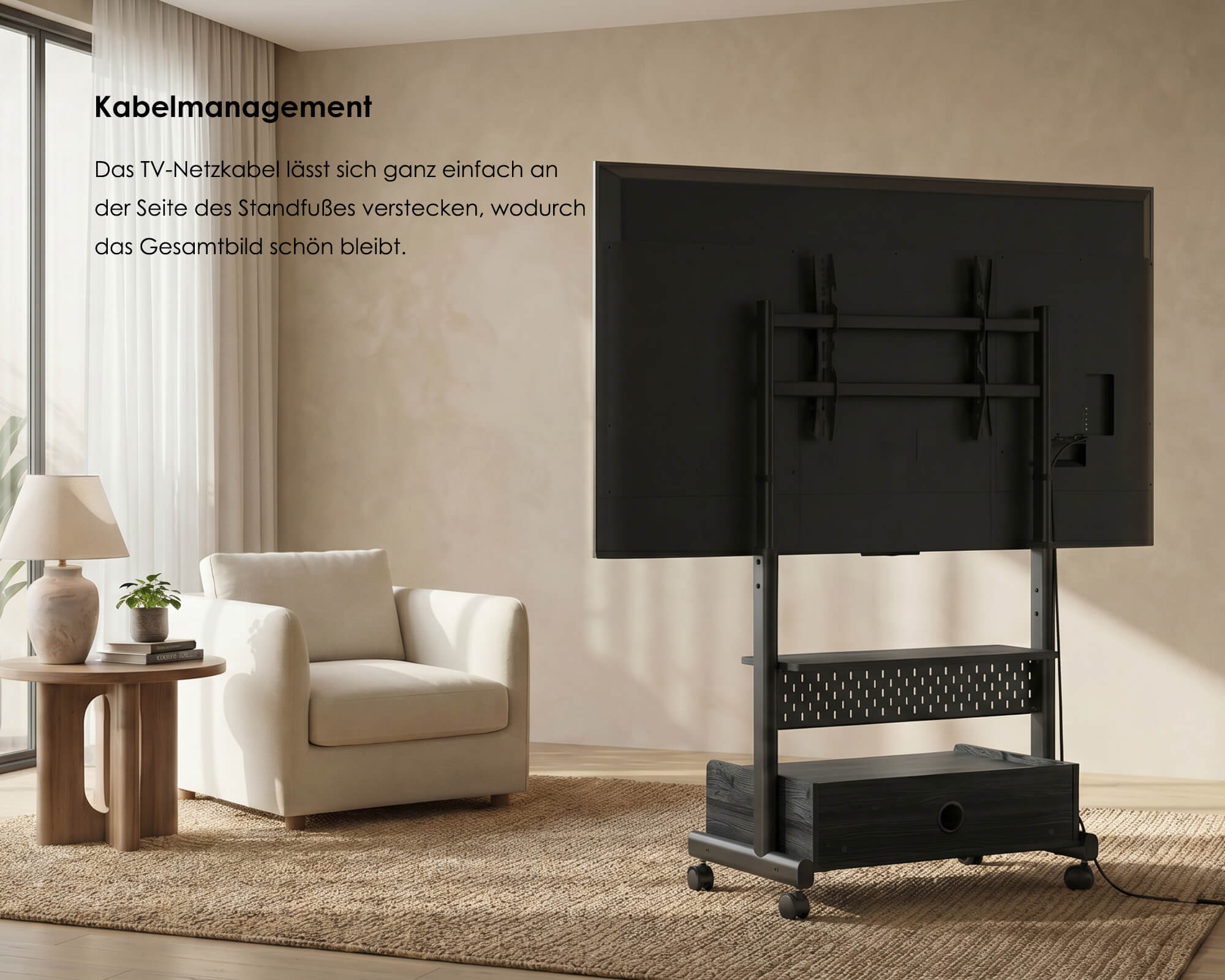 FITUEYES TV Ständer mit integriertem Kabelmanagement für ein aufgeräumtes Setup.