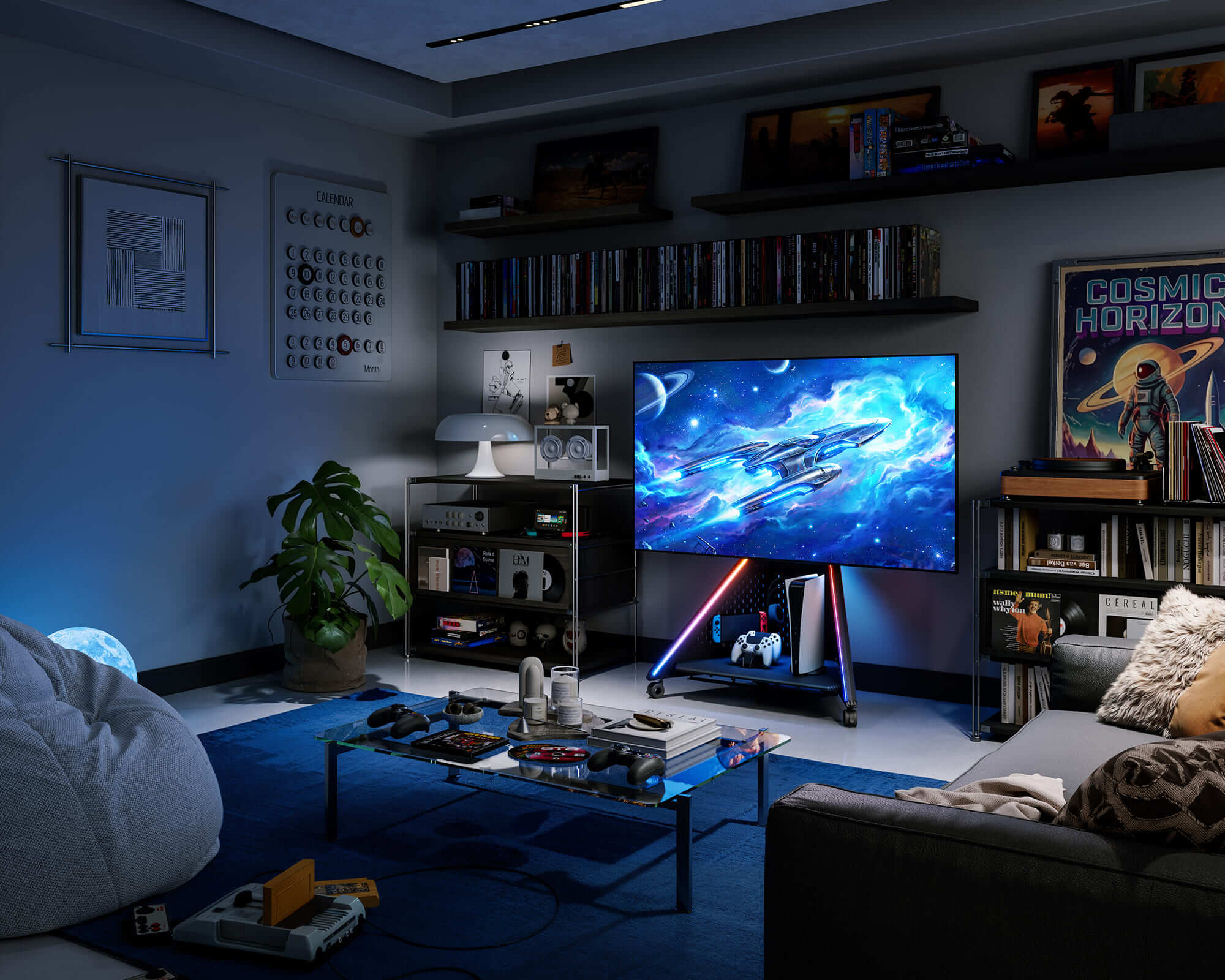 Support de télévision dans l'espace de jeu du salon, réglable en hauteur et stable pour téléviseurs de 32 à 65 pouces