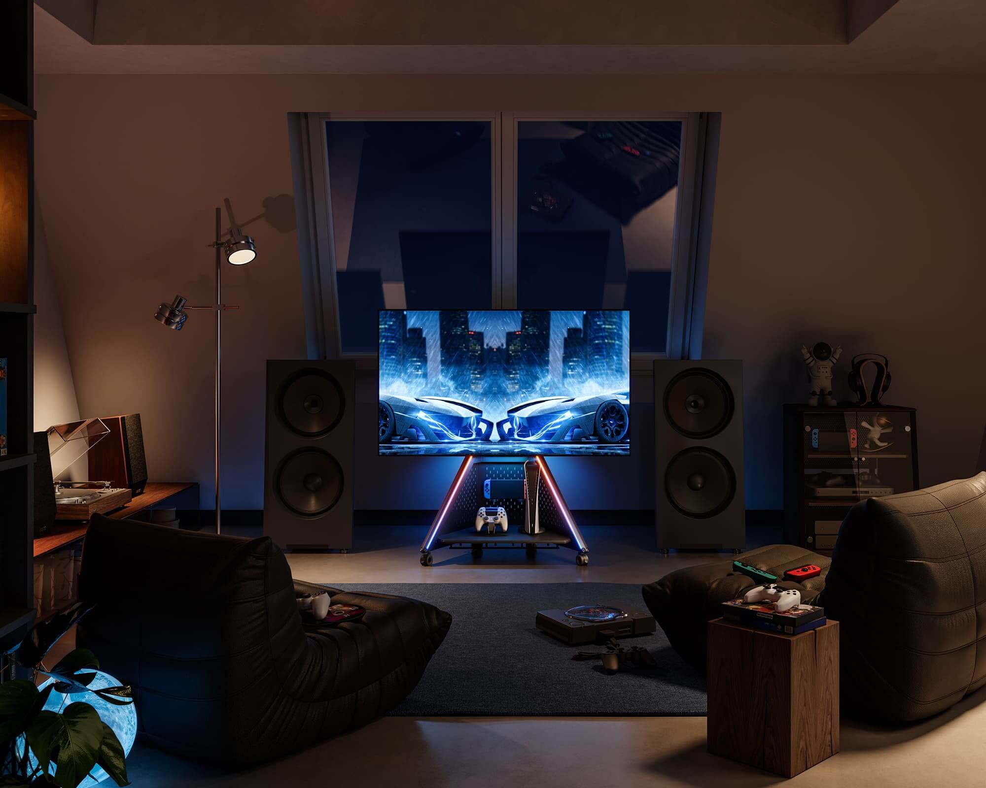 Support de télévision pour TV 32–65 pouces dans la salle de jeux du grenier, design robuste avec roulettes