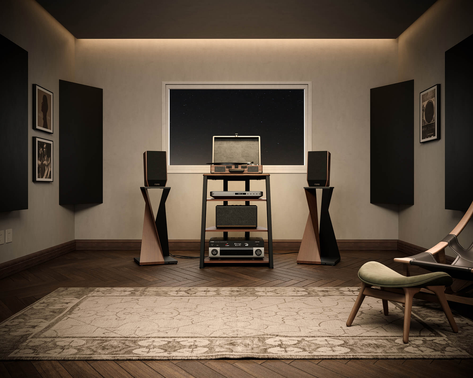 Meuble HiFi à plusieurs étages dans la salle d'écoute avec amplificateur, lecteur CD et platine vinyle.