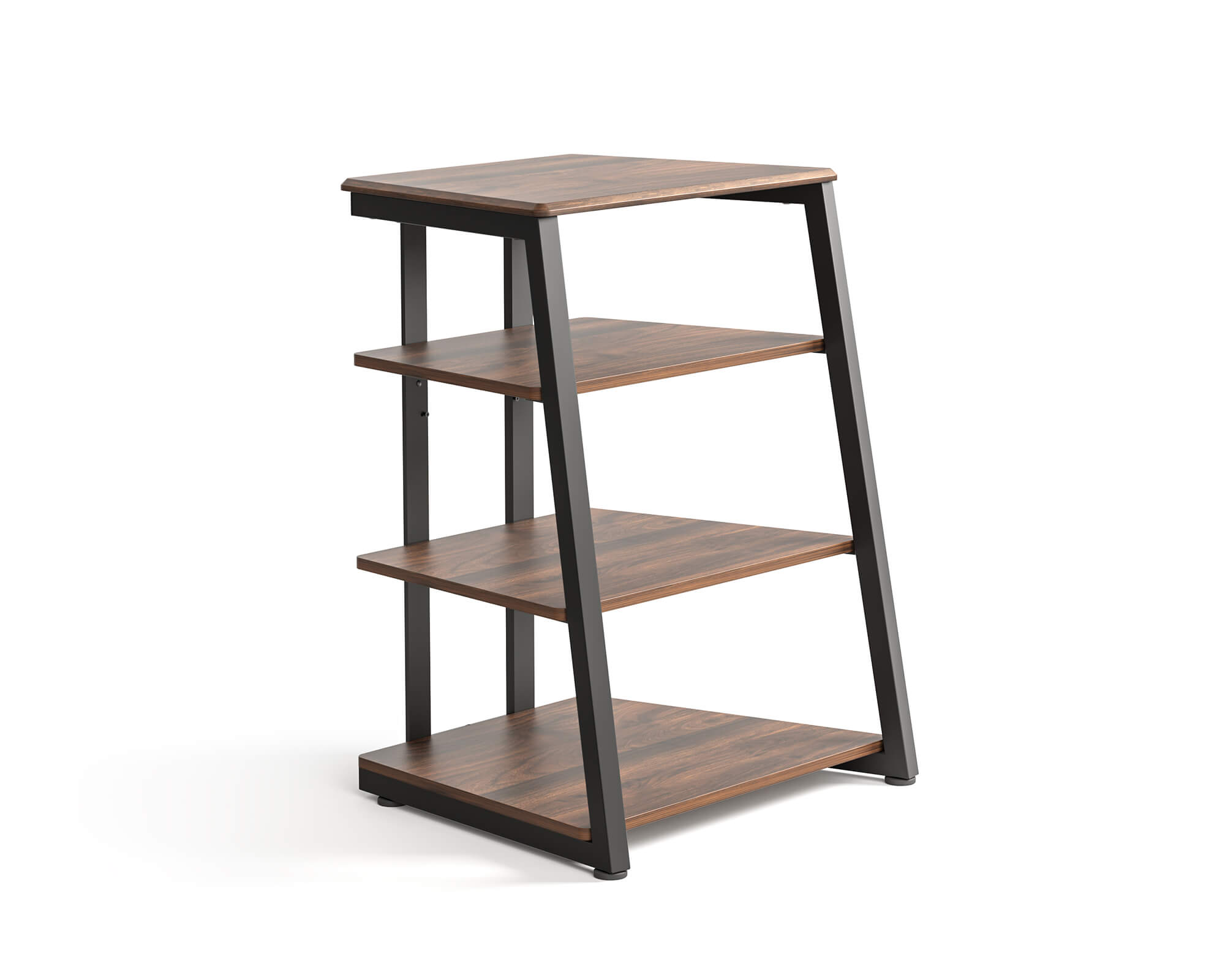 Meuble HiFi à plusieurs niveaux avec étagères ouvertes pour amplificateur, platine vinyle et accessoires audio.