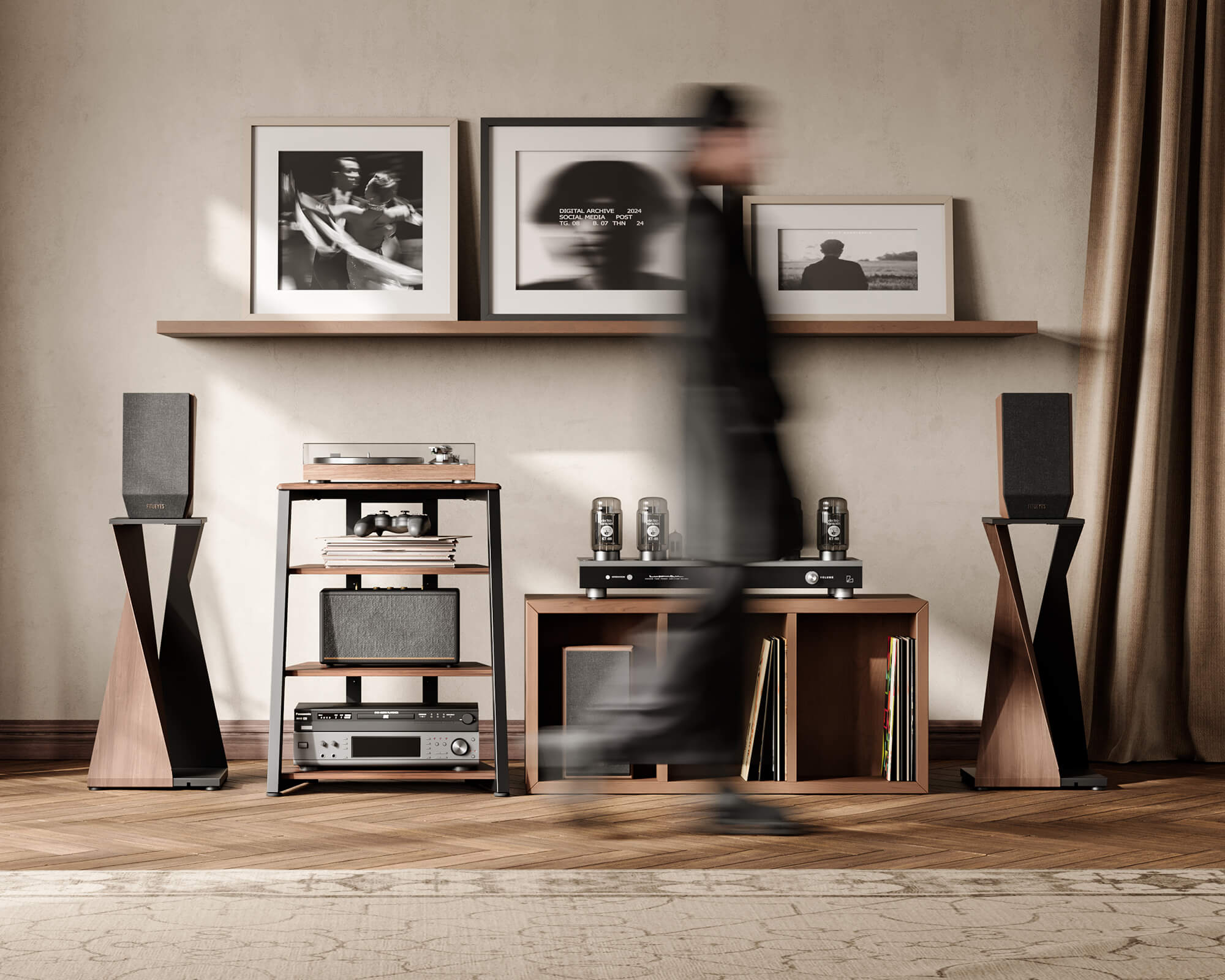 Meuble audio dans le salon pour un rangement ordonné des appareils HiFi et des disques vinyles.