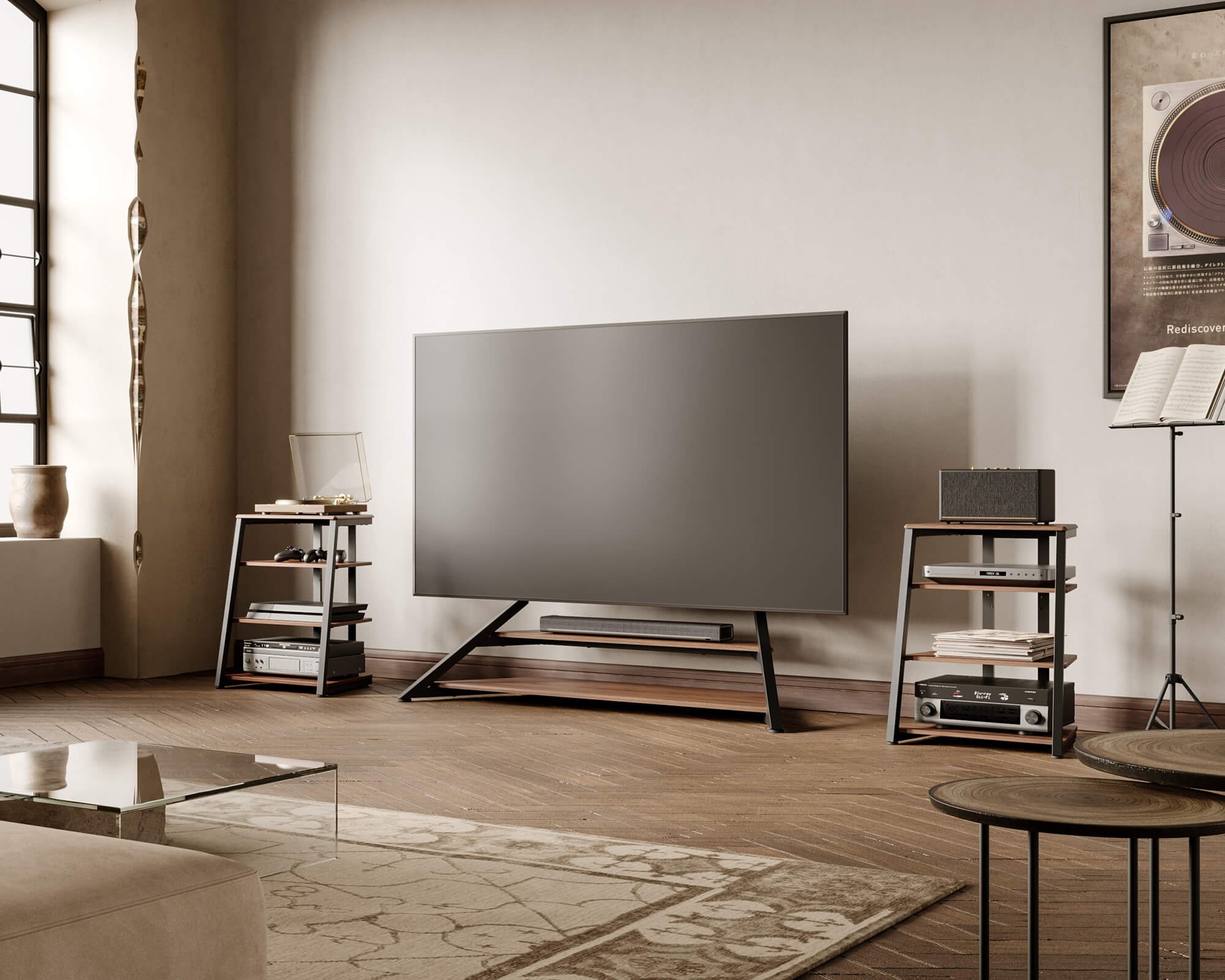 Meuble HiFi dans le salon avec platine vinyle, amplificateur et enceintes, harmonieusement intégrés dans un cadre de vie moderne.