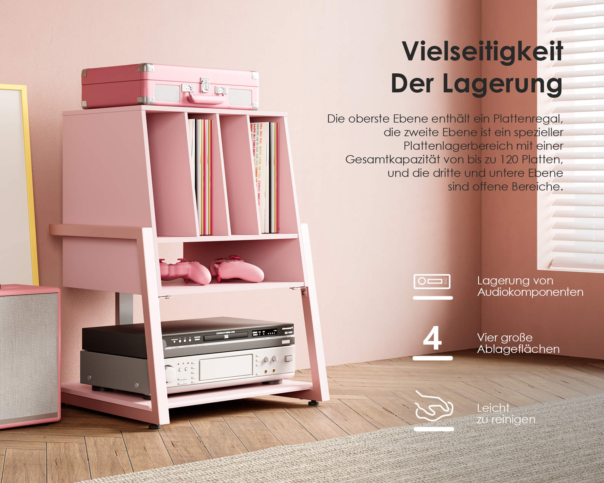 Rosa Plattenspieler-Tisch im Eiffelturm-Design mit vier Ebenen, für bis zu 120 Schallplatten