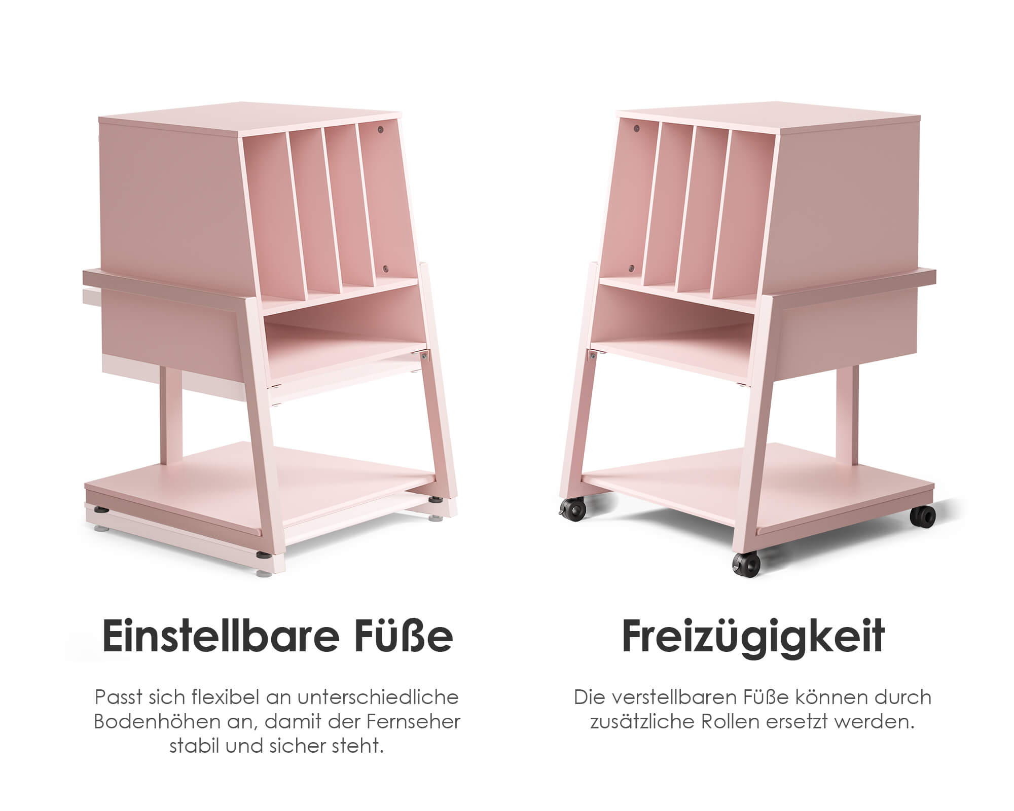 Rosa Plattenspieler-Tisch mit optionalen Rollen und stilvoller Retro-Optik