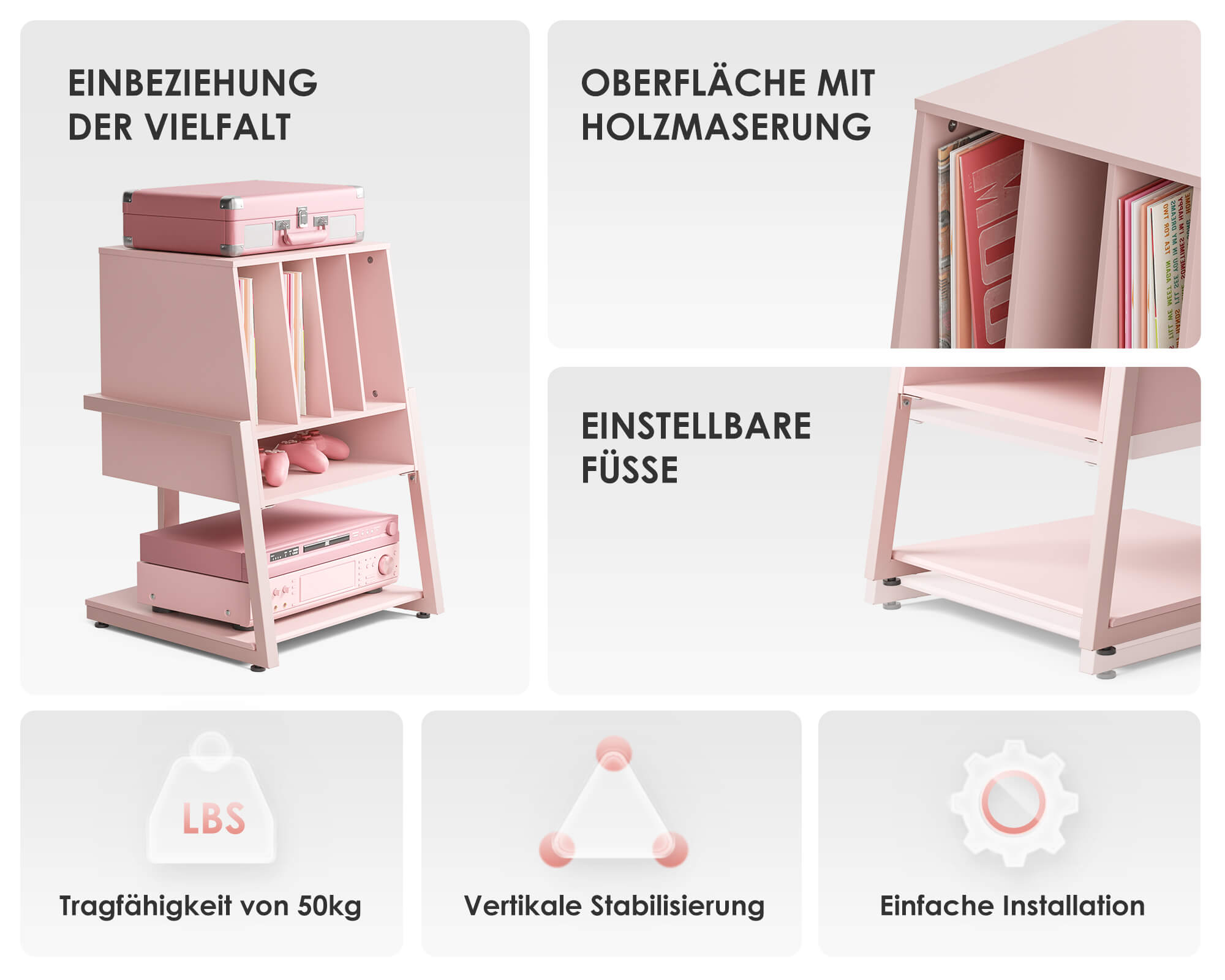 Robuster und stabiler rosa Plattenspieler Tisch