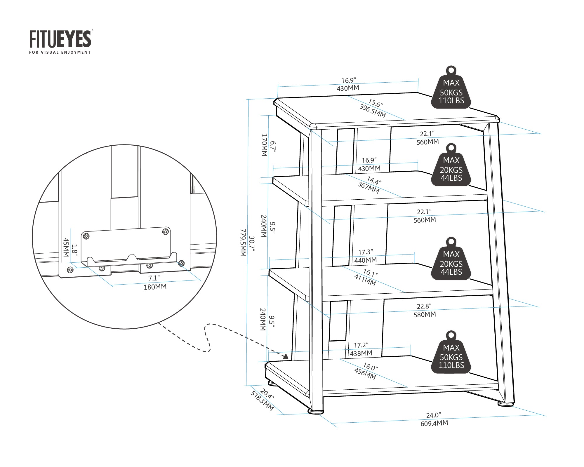 Abmessungen des HIFI-Racks mit vier Ablageebenen
