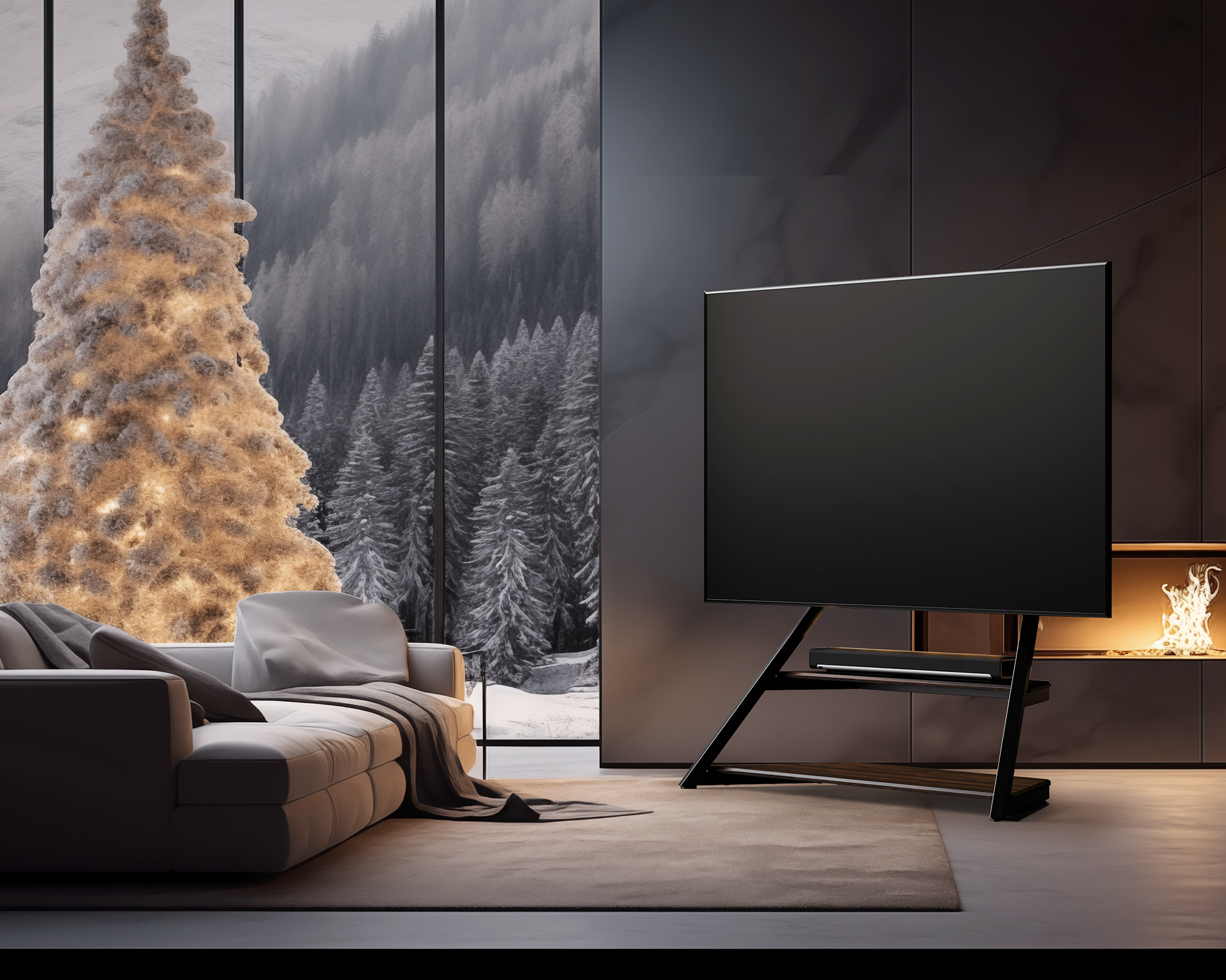 Eleganter, moderner TV-Ständer mit stilvollem Holzpedestal – harmonisch integriert ins Wohnzimmerambiente