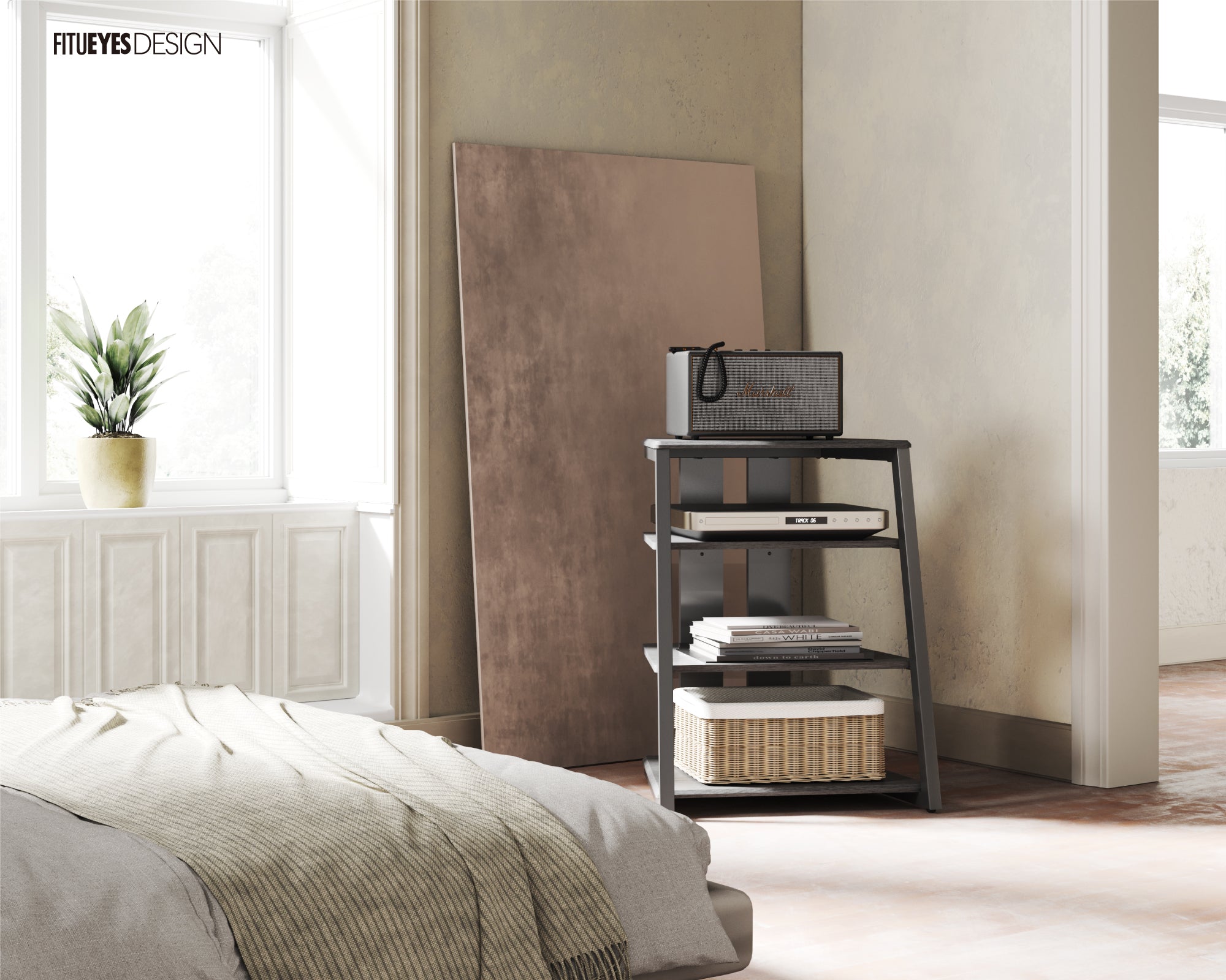 Schwarzes Audio-Rack im Schlafzimmer