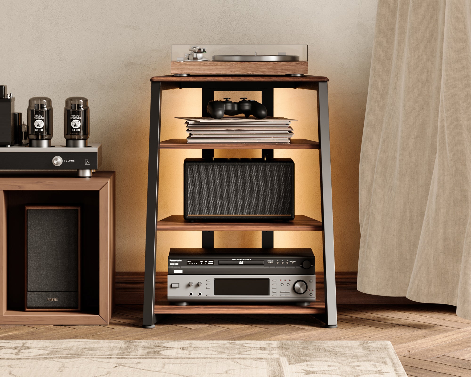 Walnussfarbenes Audio Rack mit LED-Leiste und Steckdosen