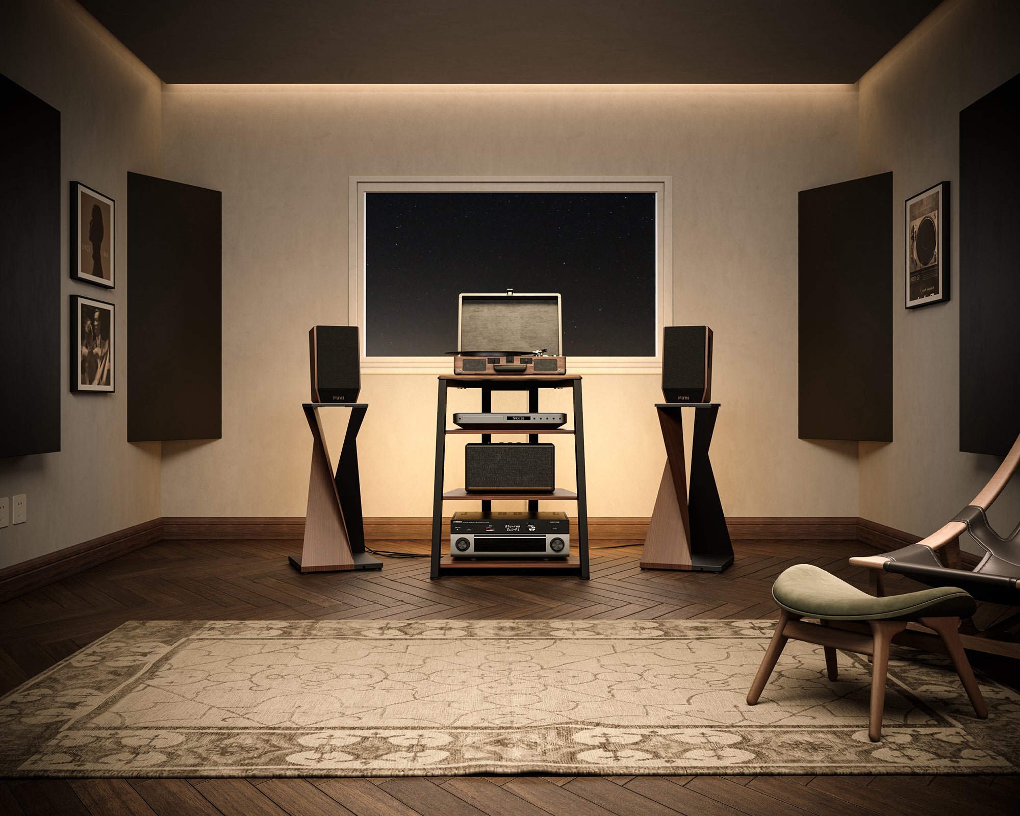 LED Audio Rack mit Eiffel Lautsprecherständern im AV-Raum