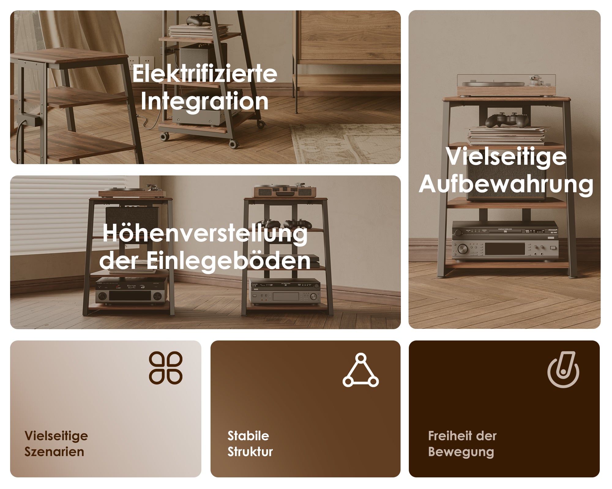 Funktionsschema des Audio Rack mit LED-Leiste und Steckdosen in Nussbaumfarbe