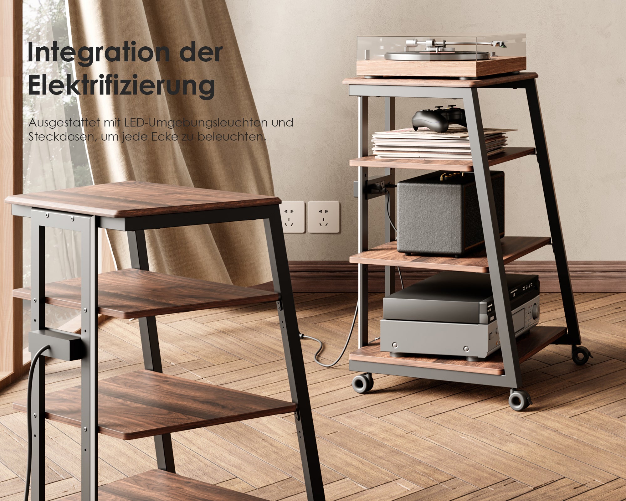 Audio Rack mit LED-Leisten und Steckdosen