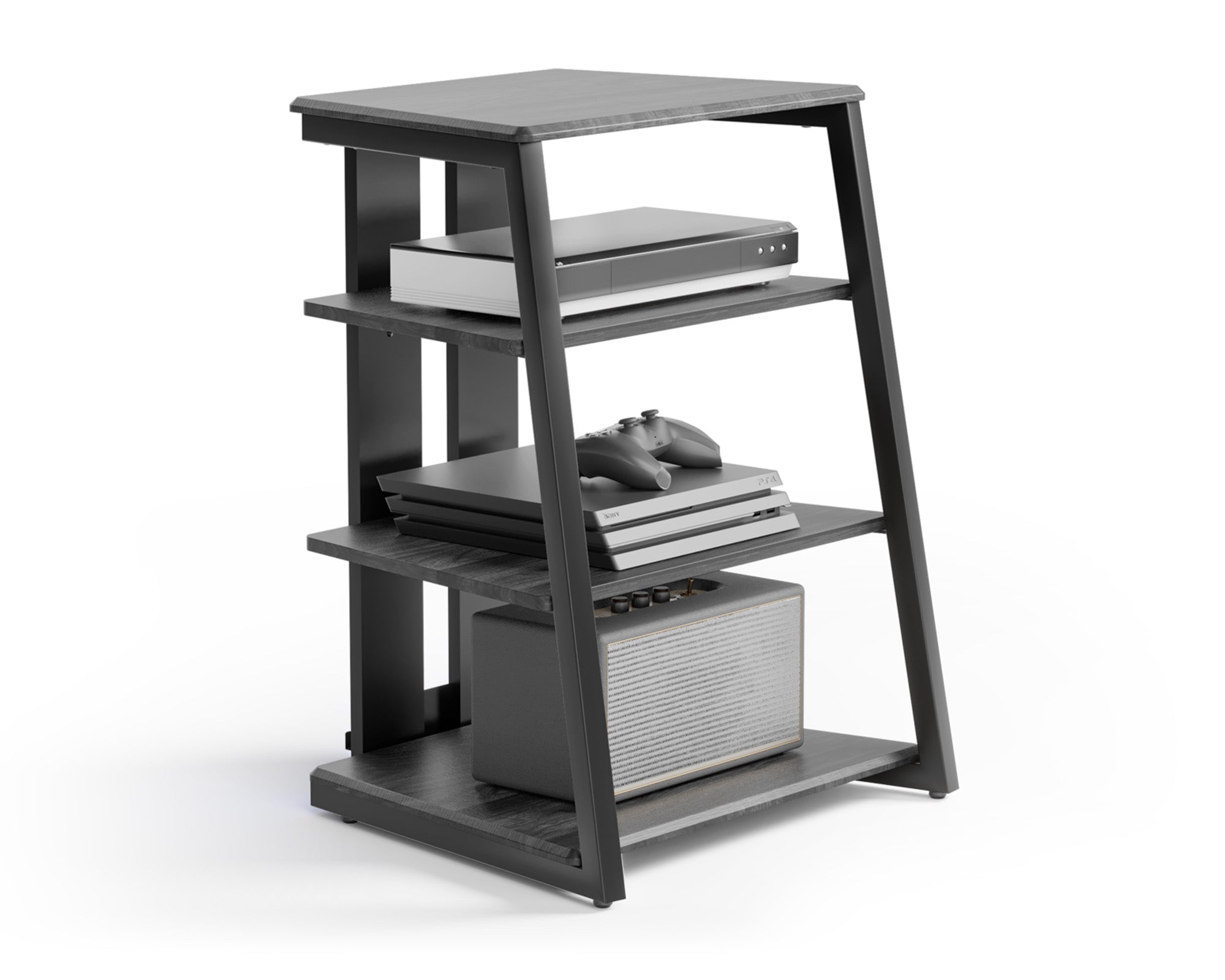Schwarzes HIFI-Rack mit vier Ablageebenen