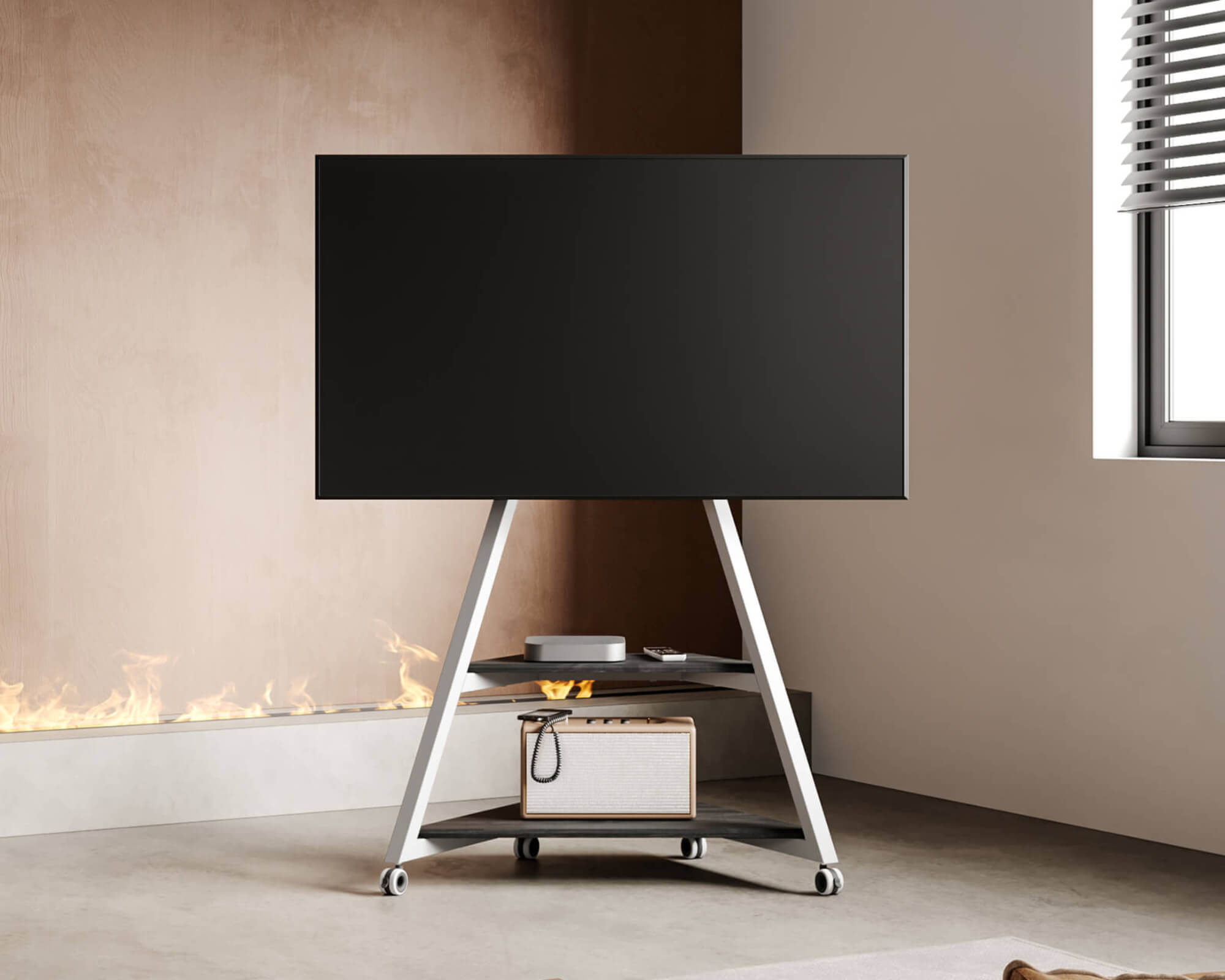 Höhenverstellbarer weißer Standfußfernseher mit Rollen