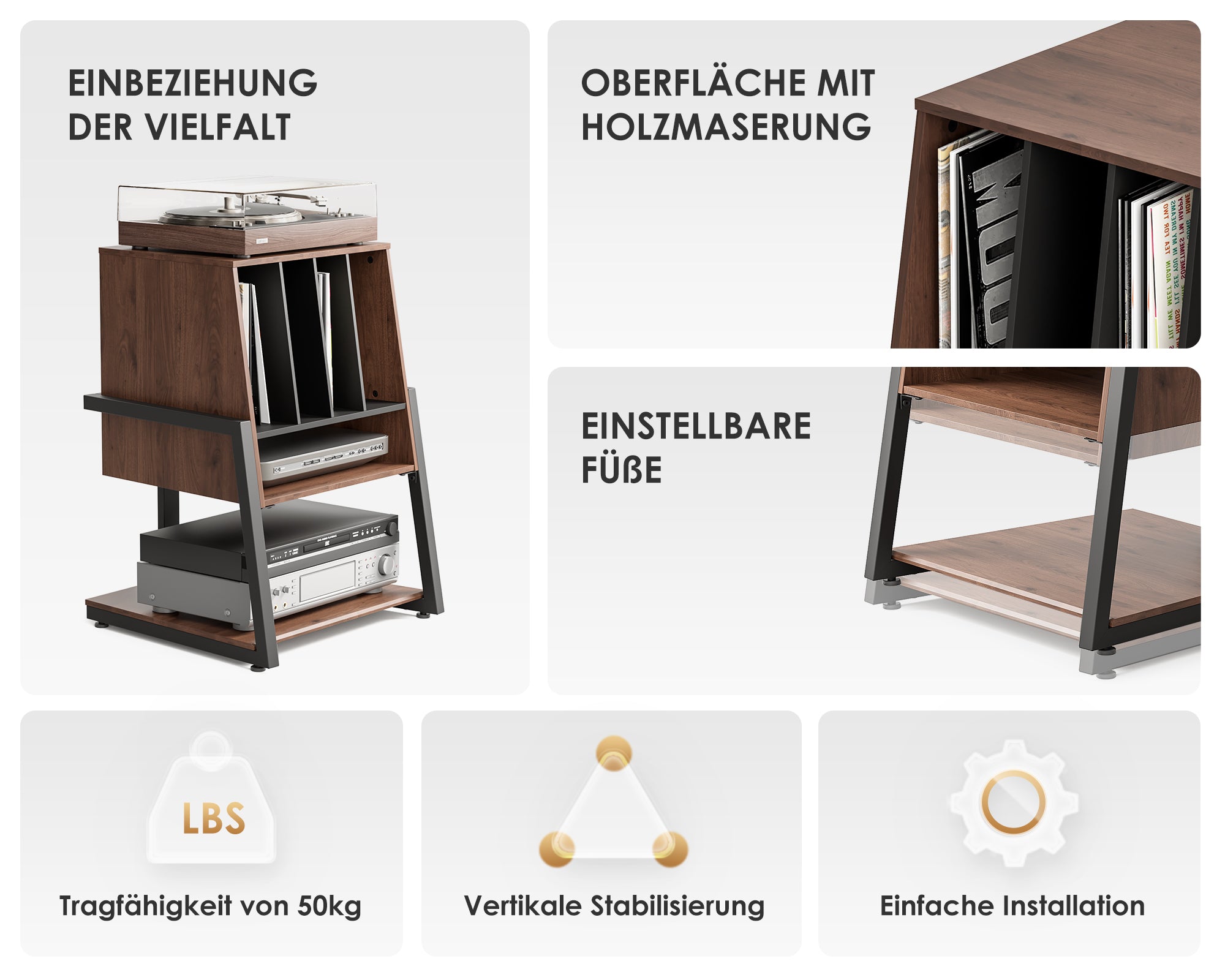 Walnuss Plattenspieler Tisch für vielseitige Lagerung und Belastbarkeit von bis zu 50kg.