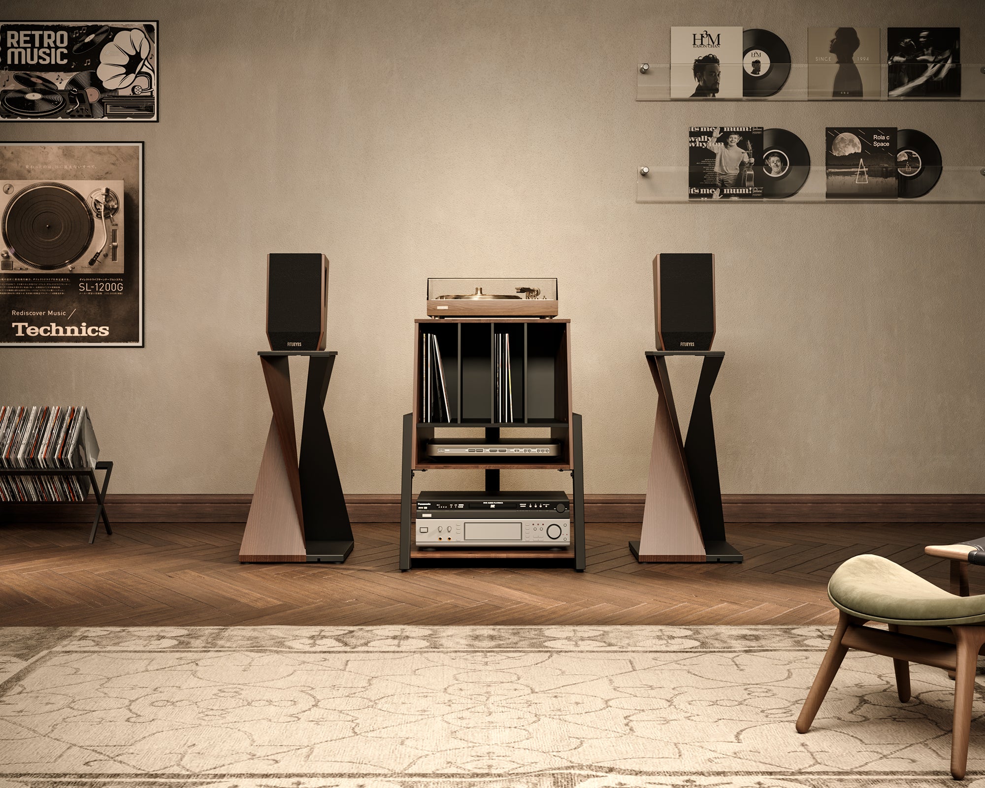 Walnuss Plattenspieler Tisch im Wohnzimmer, Musikzimmer und Ausstellungsraum.