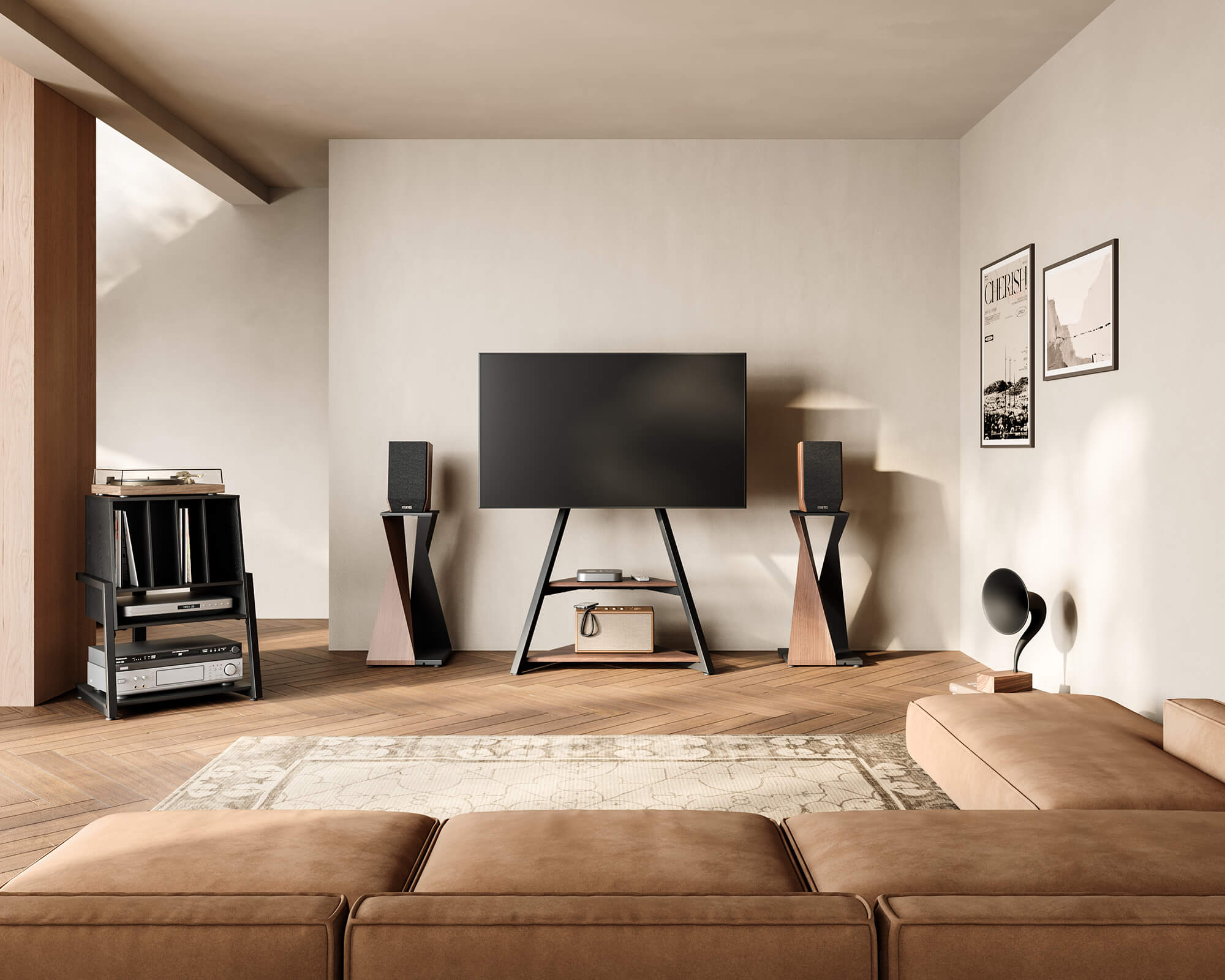 Modernisierter schwarzer Plattenspieler Tisch im Wohnzimmer