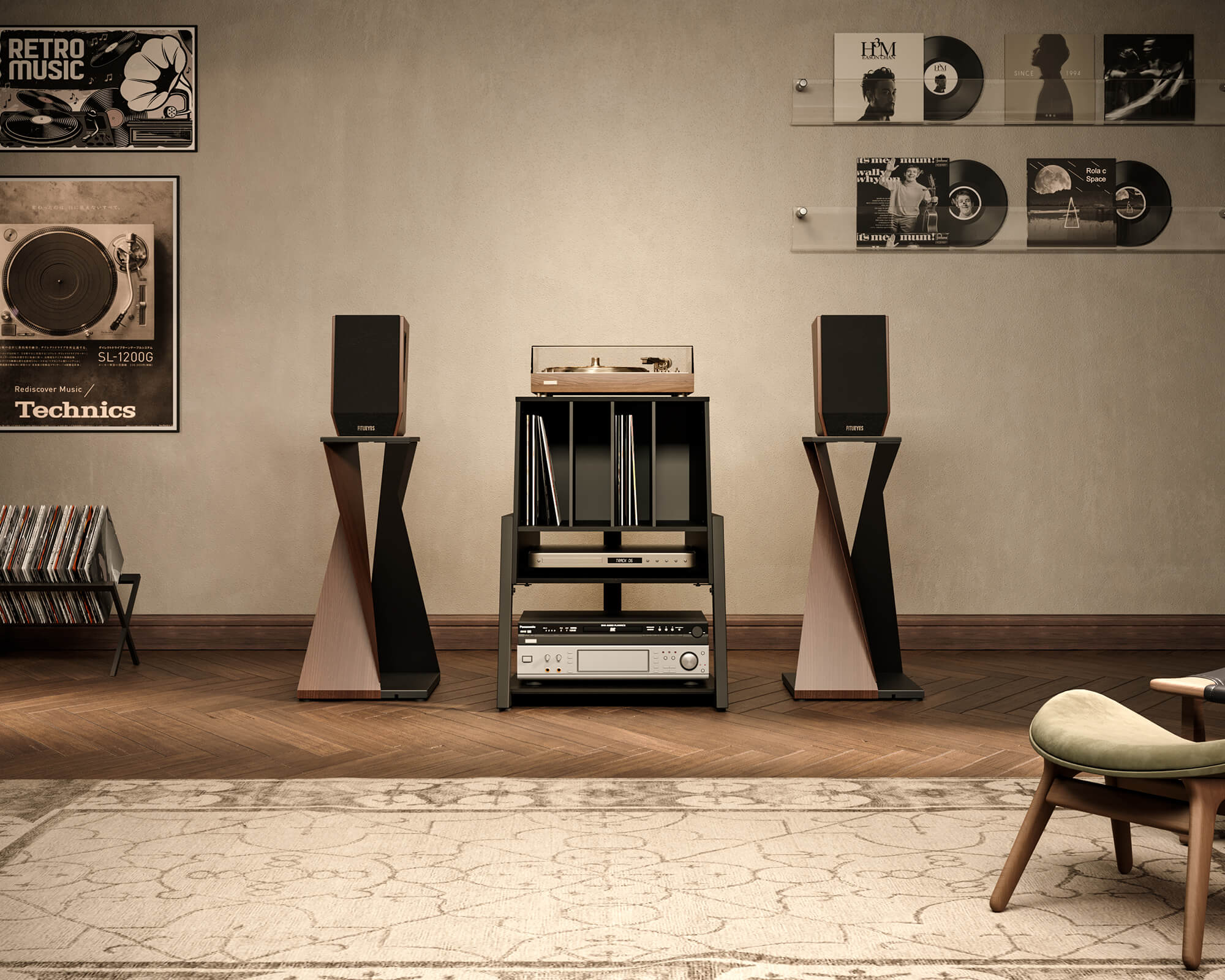 Schwarzer Plattenspieler-Tisch im Musikzimmer und dazu passende Sound-Racks