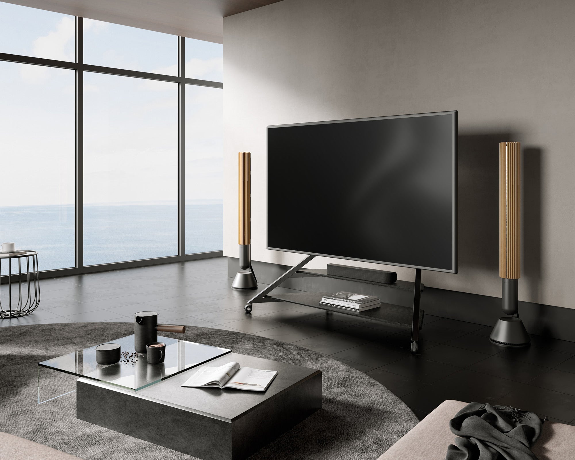 Eleganter TV-Ständer mit Rollen im Wohnzimmer