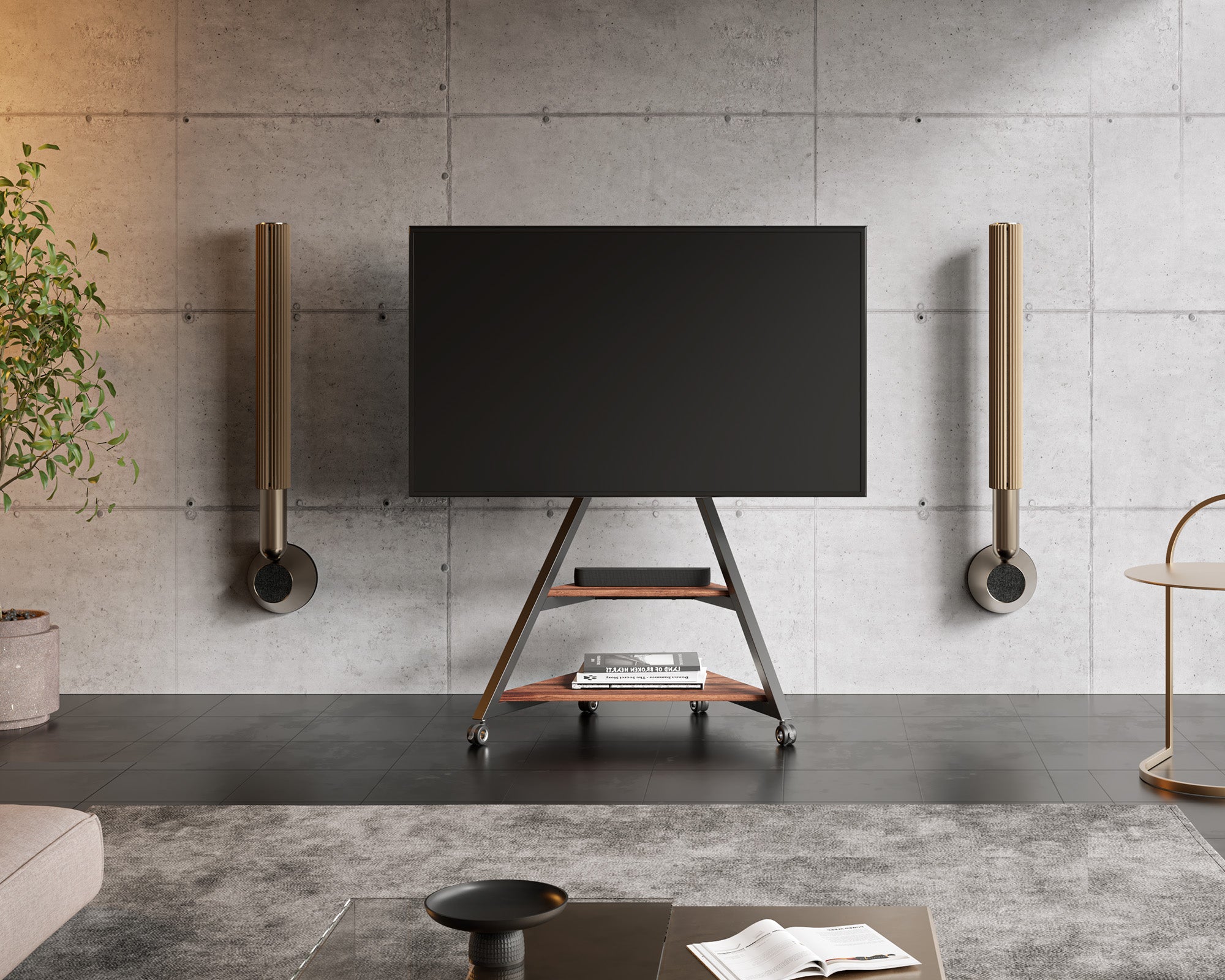 TV-Ständer mit Rollen für 55–88 Zoll Fernseher im modernen Wohnzimmer
