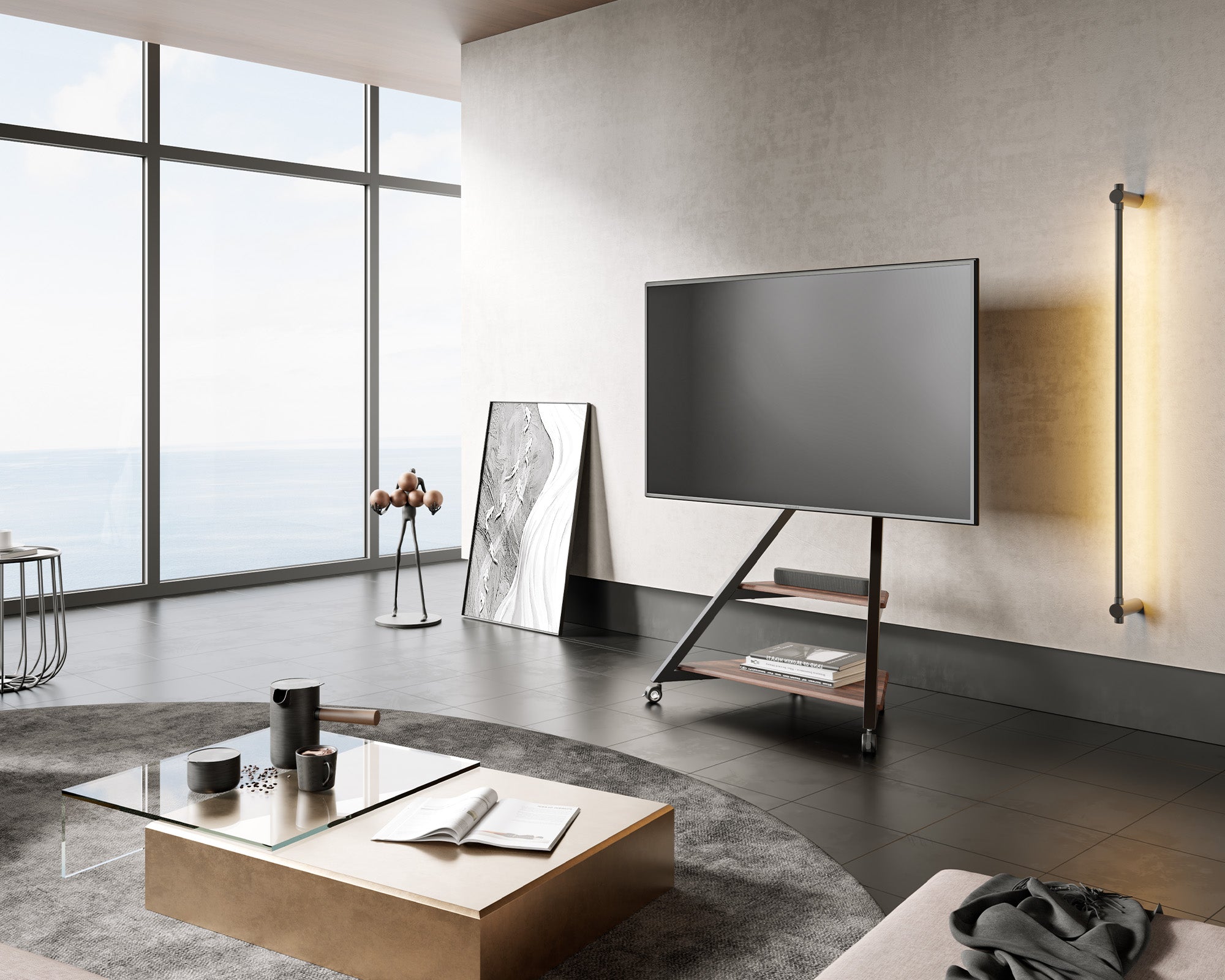 Eleganter TV-Ständer mit großem Fernseher im modernen Wohnzimmer-Design
