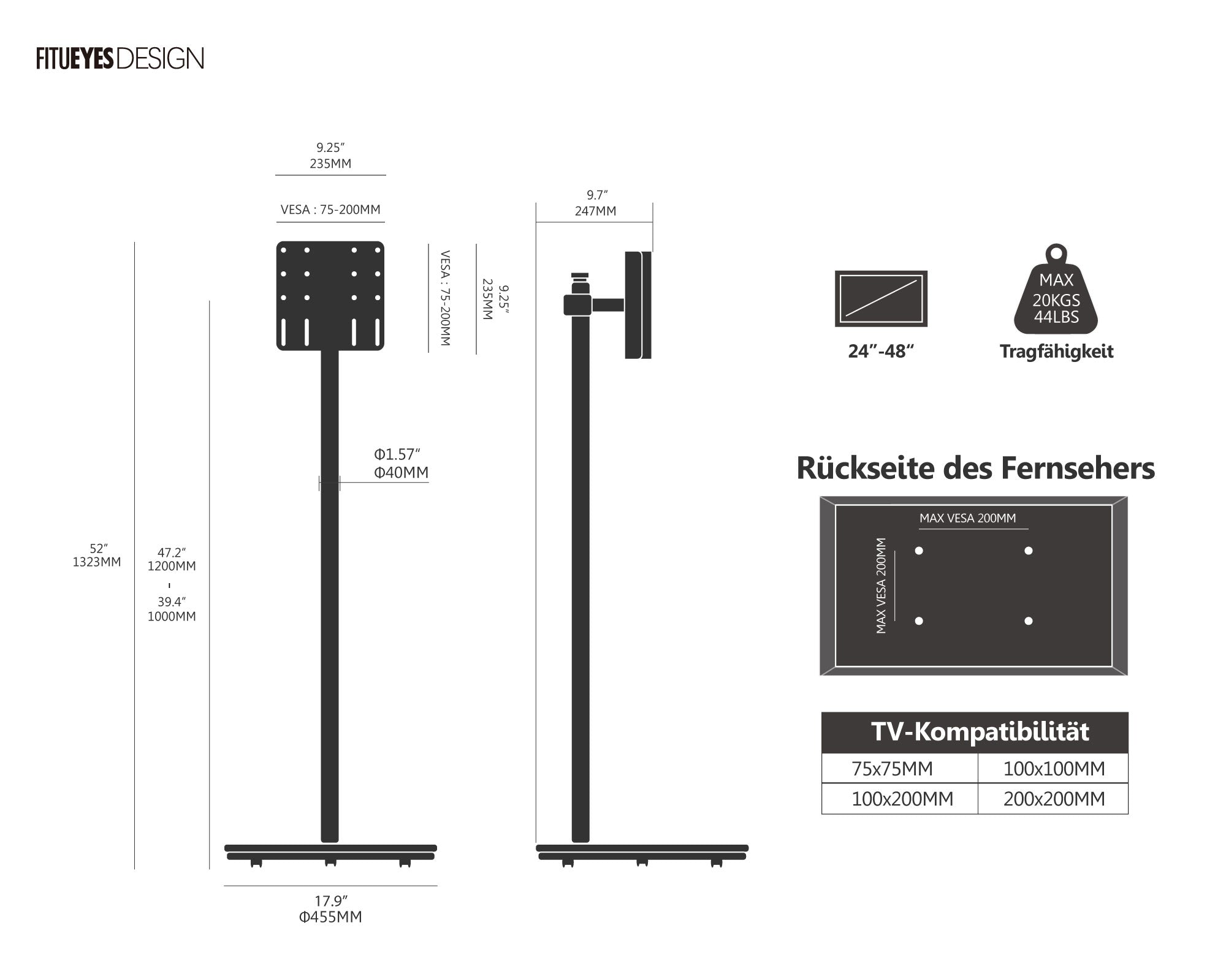 Master V2 PRO FT48 Supporto tv da terra con ruote