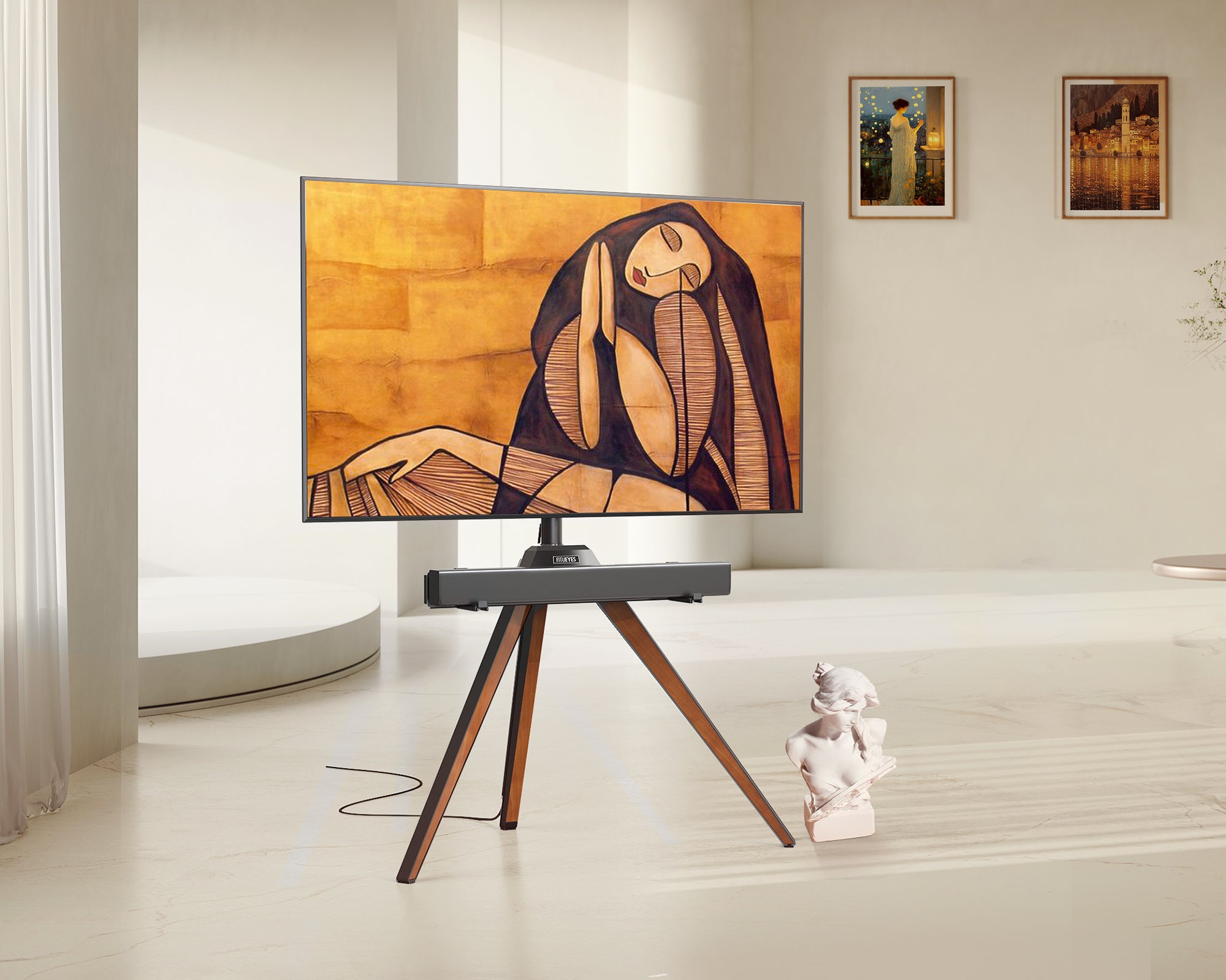 Nussbaumfarbene TV-Ständer mit Soundbar-Haltung in Ausstellungsräumen und Galerien