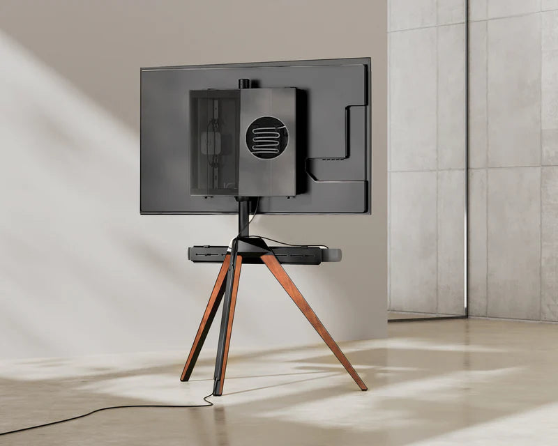 Nussbaumfarbener TV-Ständer mit versteckter Kabelführung und Soundbar-Haltung