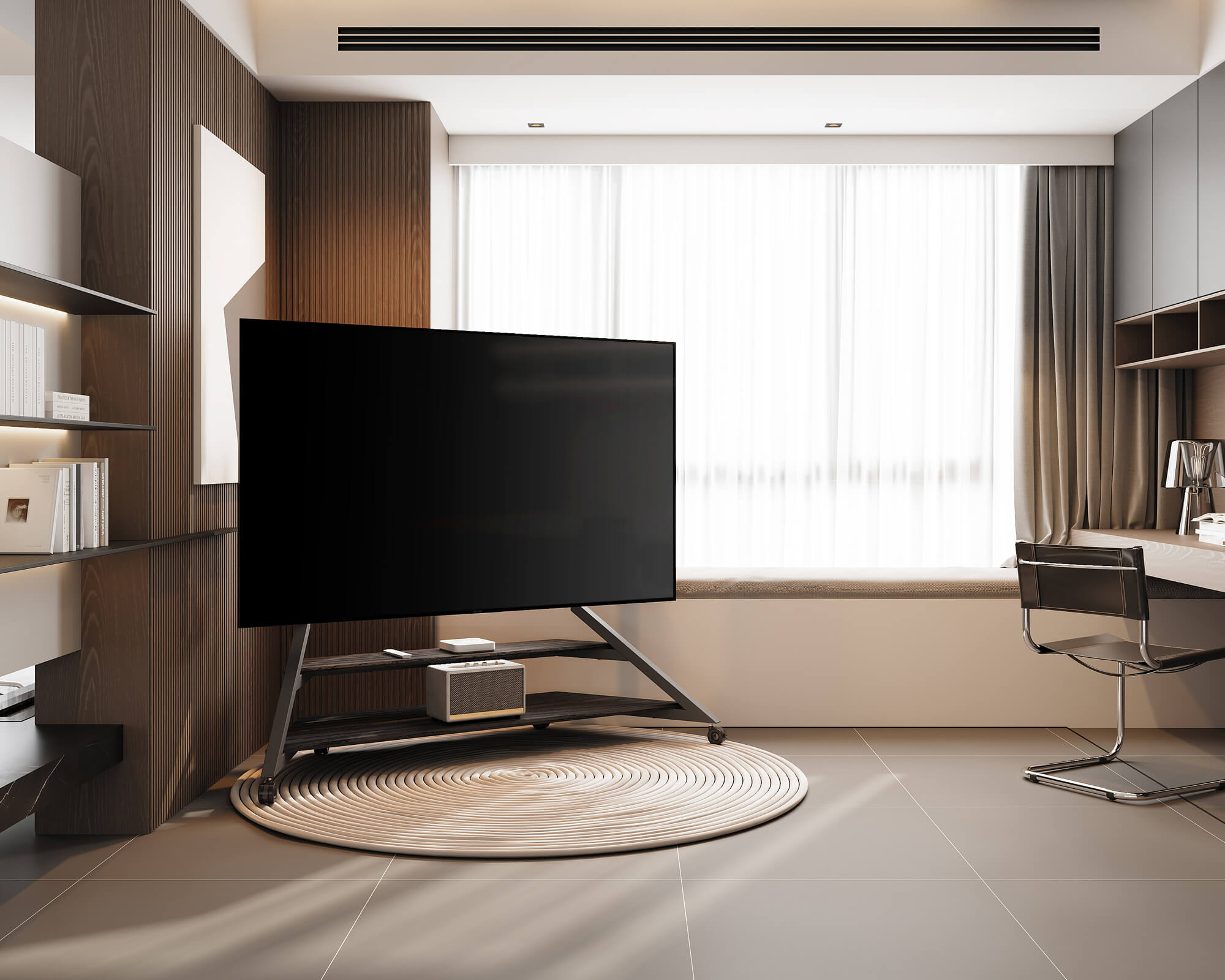 Moderner Fernsehständer auf Rollen in der Ecke des Arbeitszimmers