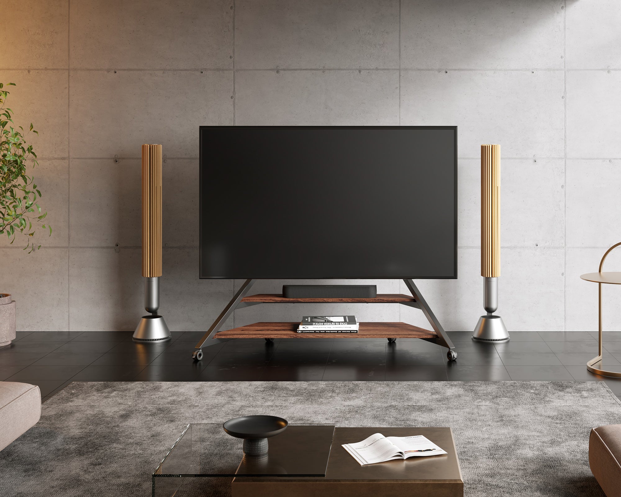 Moderner nussbaumfarbener TV-Ständer mit Rollen im Wohnzimmer
