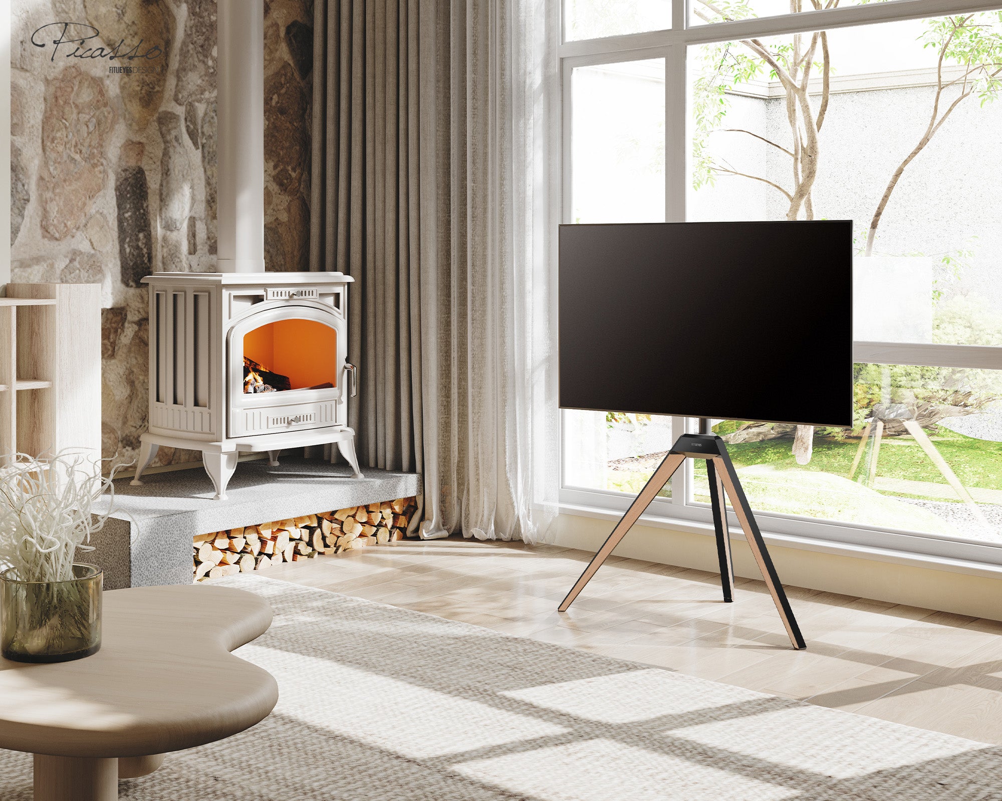 Minimalistischer naturfarbener TV-Ständer im Wohnzimmer