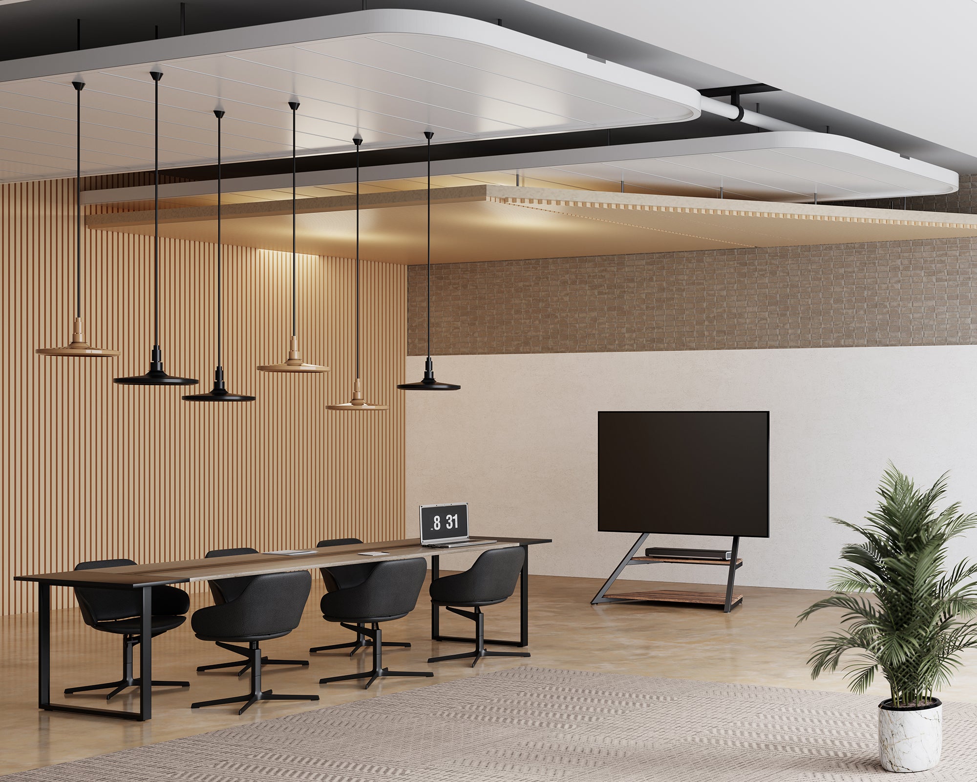 Moderner TV-Ständer mit Holz-Pedestal im Konferenzraum