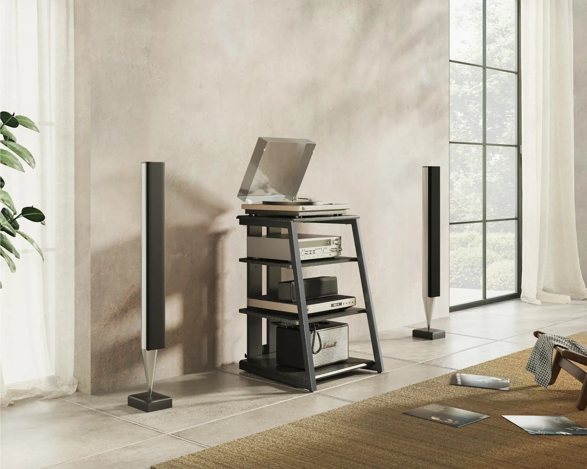 Schwarzes Audio-Rack im Wohnzimmer.