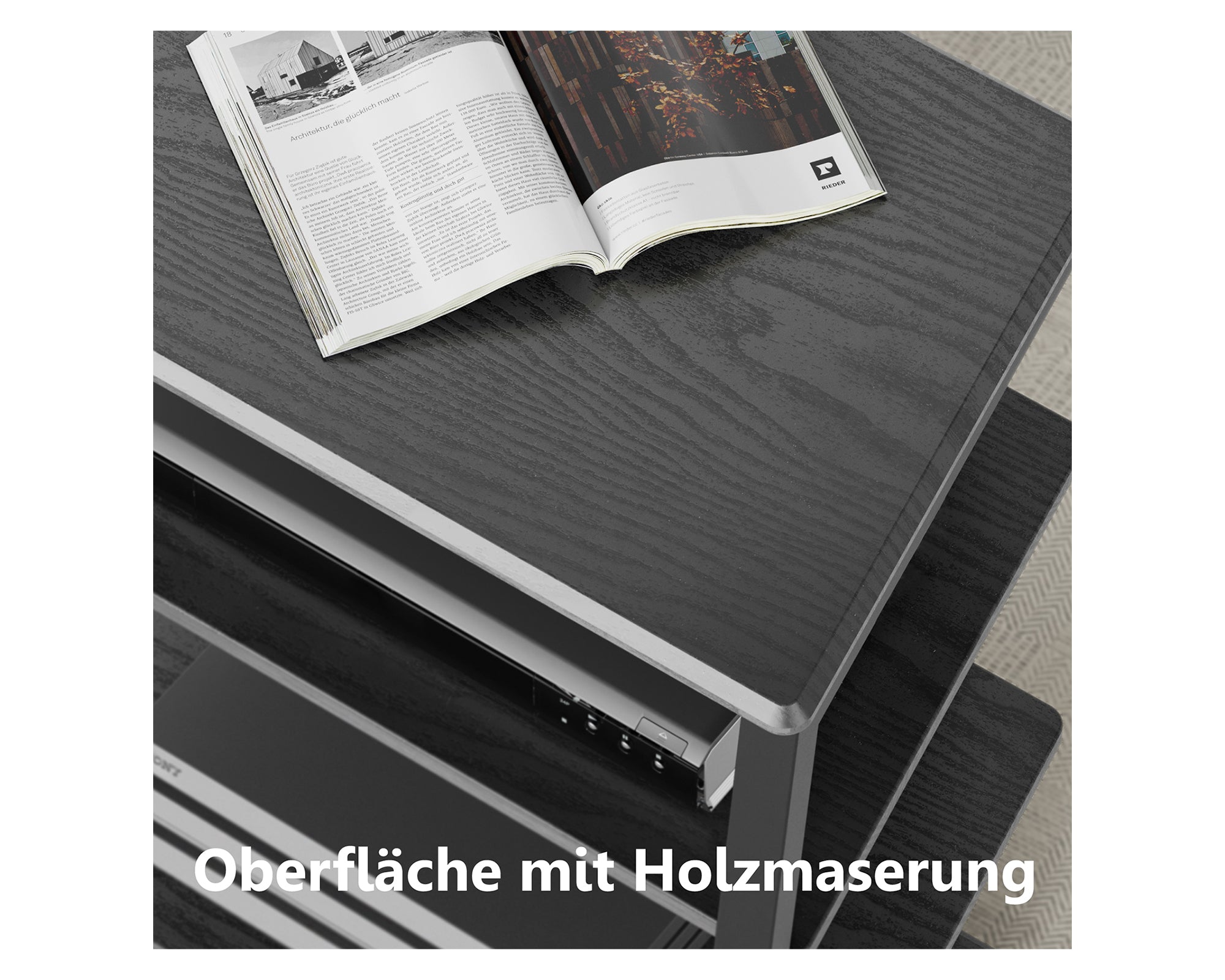 Schwarzer HIFI-Ständer mit Holzmaserung