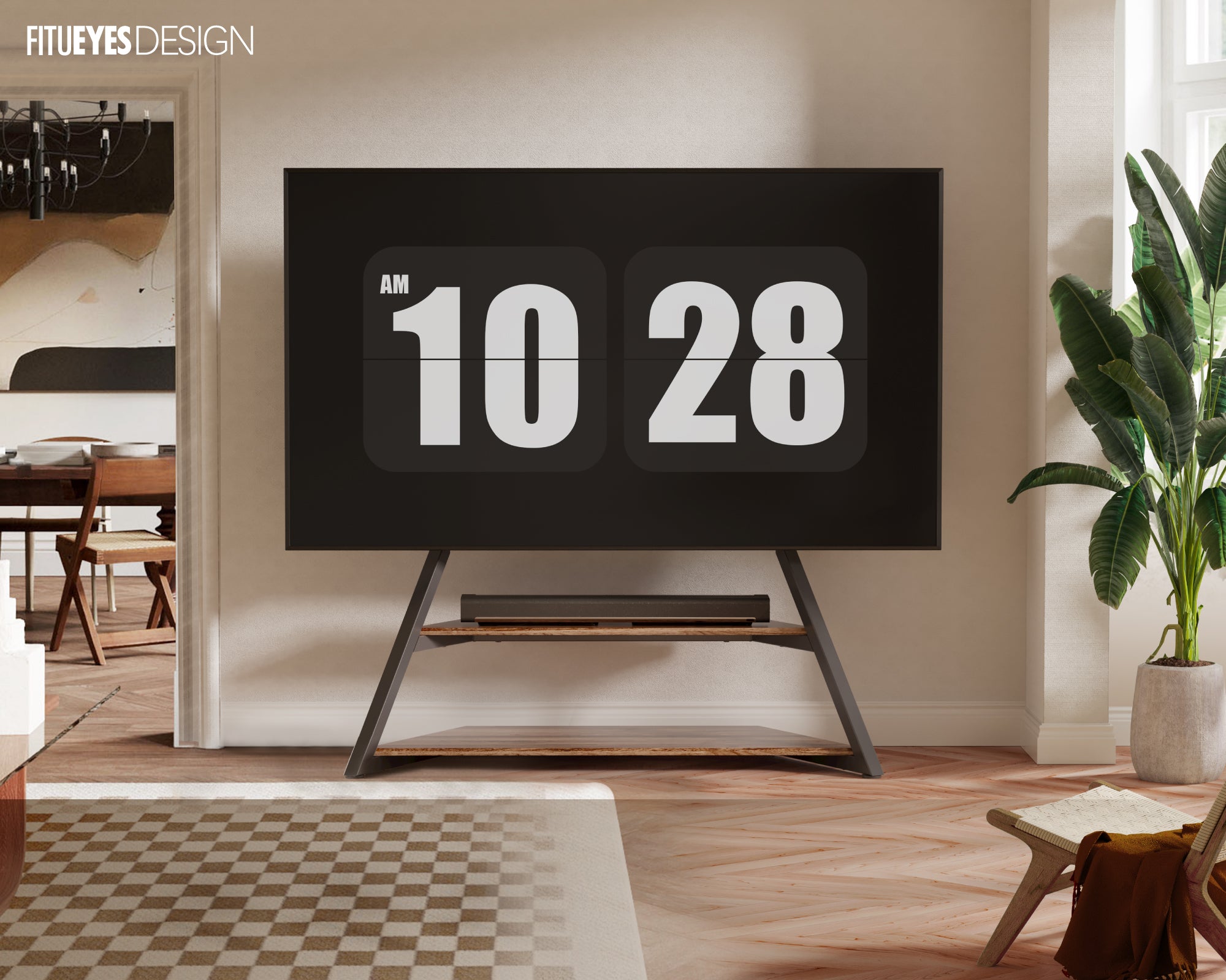 TV-Ständer mit edlem Holzpedestal im modernen Wohnzimmer