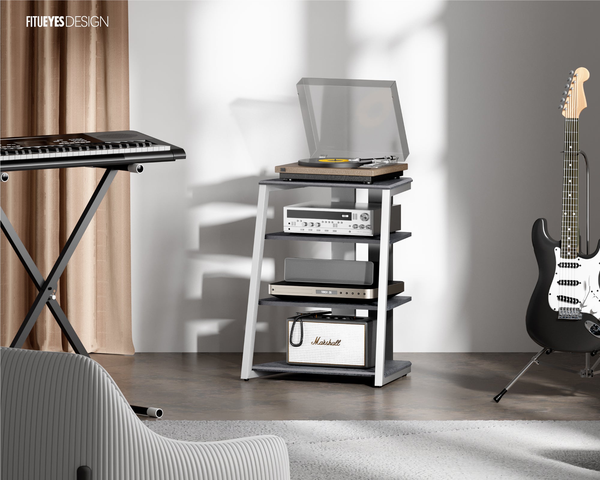 Grauer Audio-ständer mit vier Ablagen für Musikzimmer und Wohnzimmer