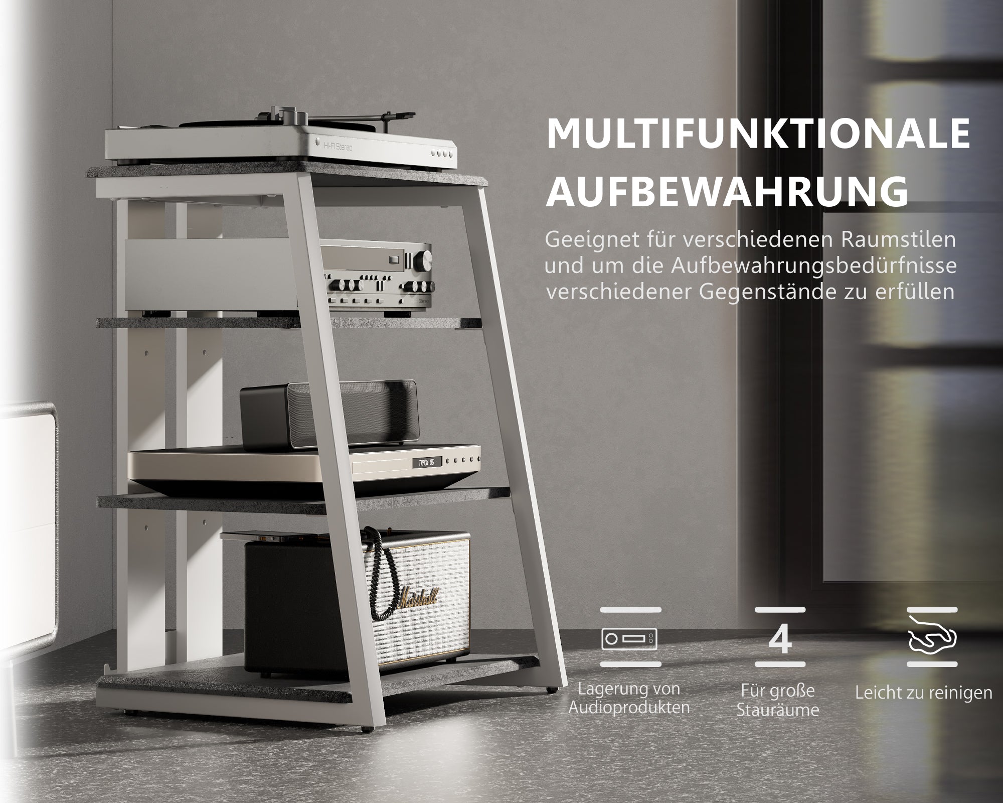 Graues HIFI-Rack mit integrierter Gerätelagerverwaltung