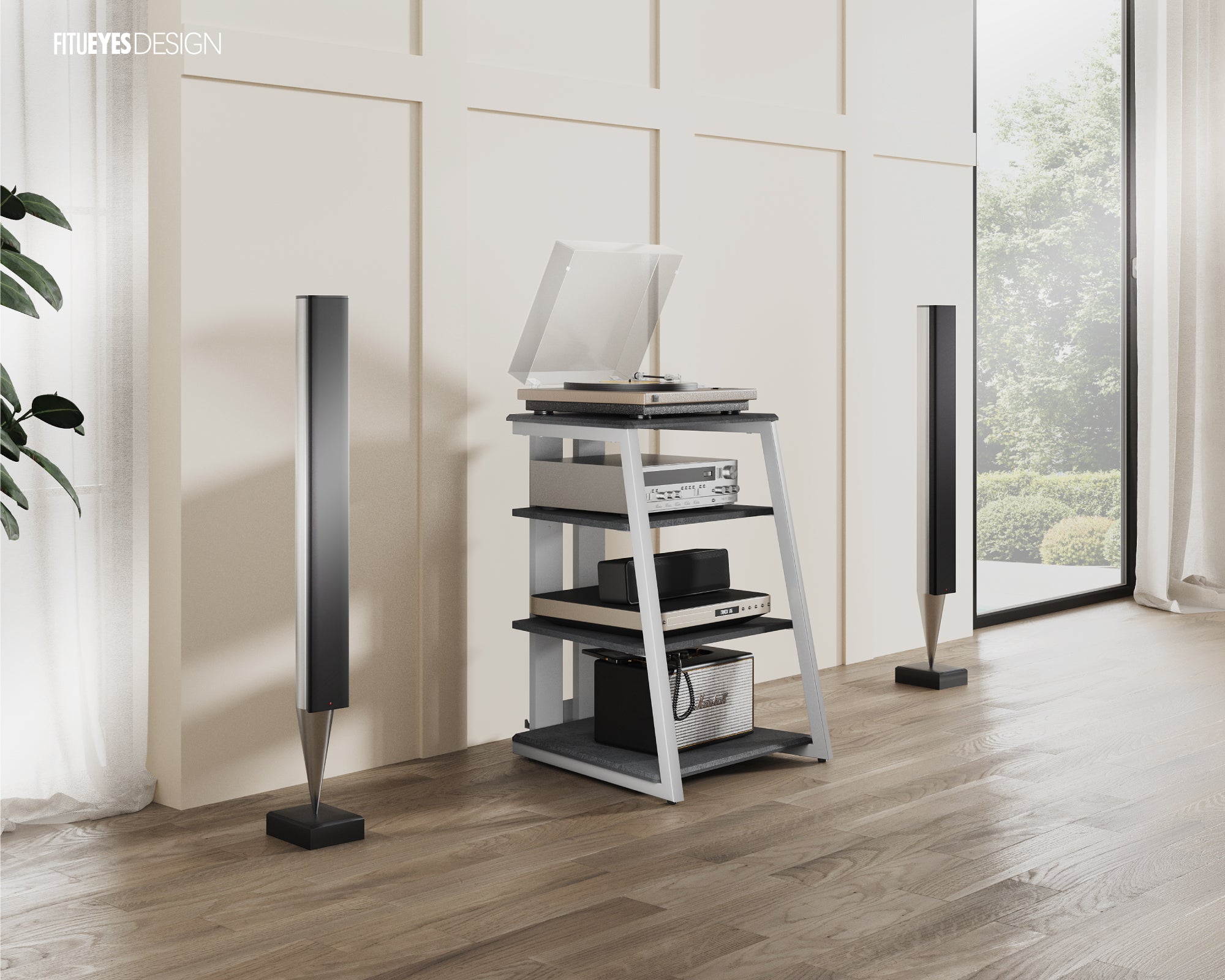 Graues HIFI-Regal mit vier Ablagen im Wohnzimmer.
