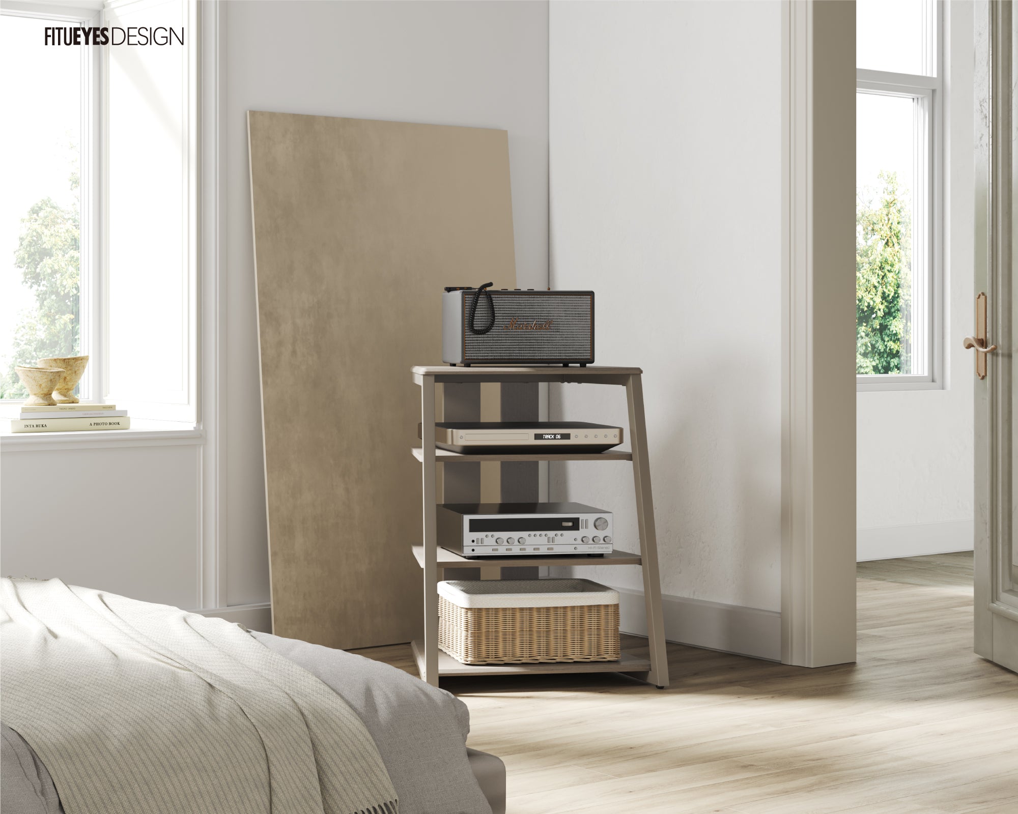 Kamelfarbenes Audio-Rack in der Ecke des Schlafzimmers