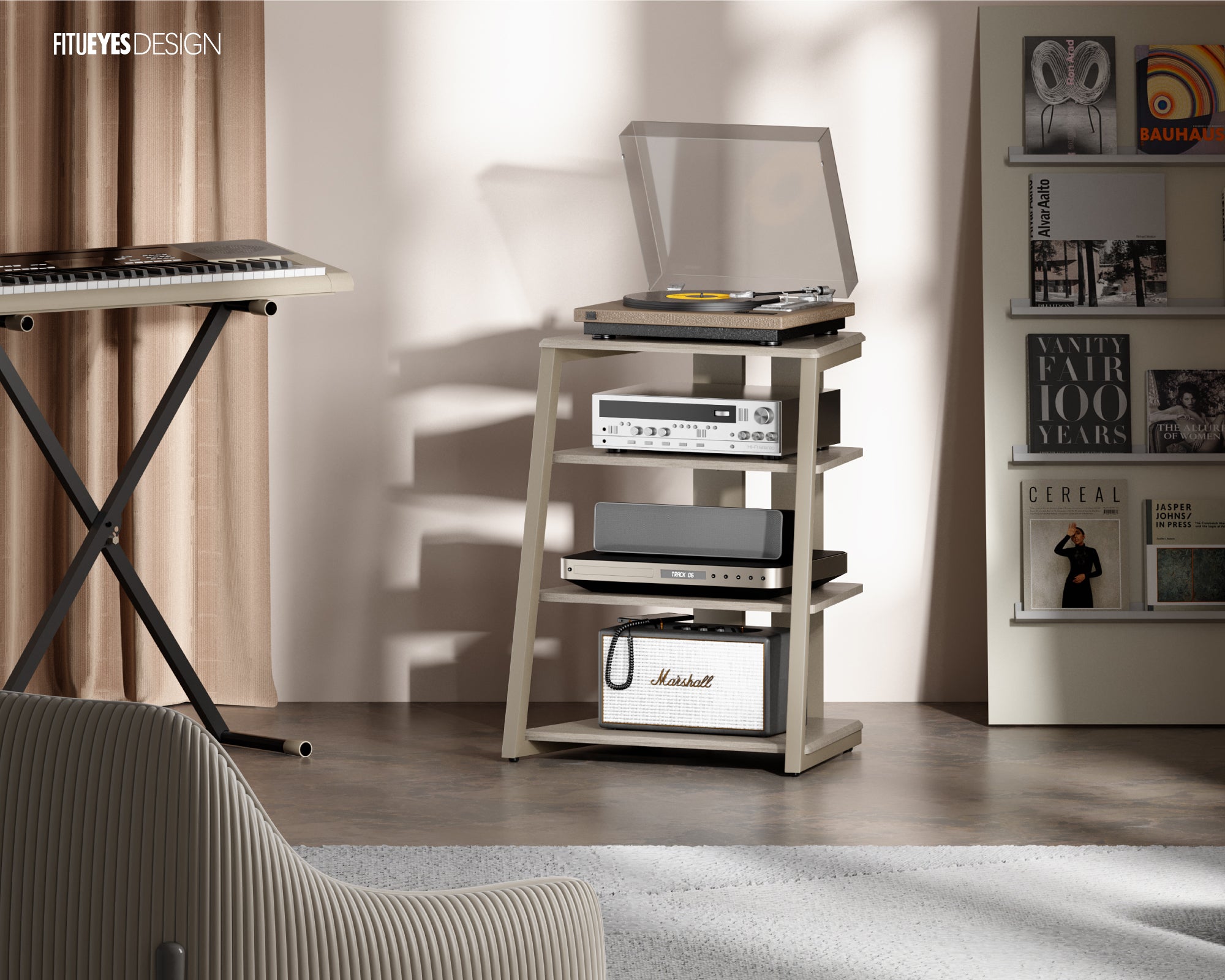 Kamelfarbenes Audio-Rack für Musikzimmer, Wohnzimmer
