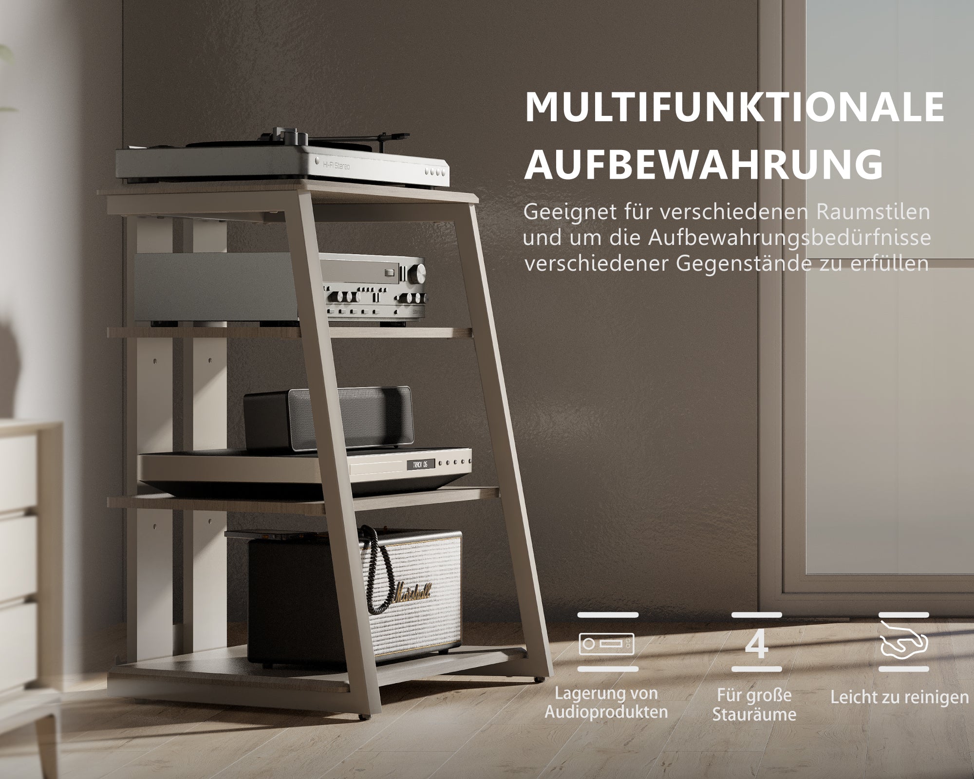 Kamelfarbenes Audio-Rack mit integrierter Gerätespeicherverwaltung
