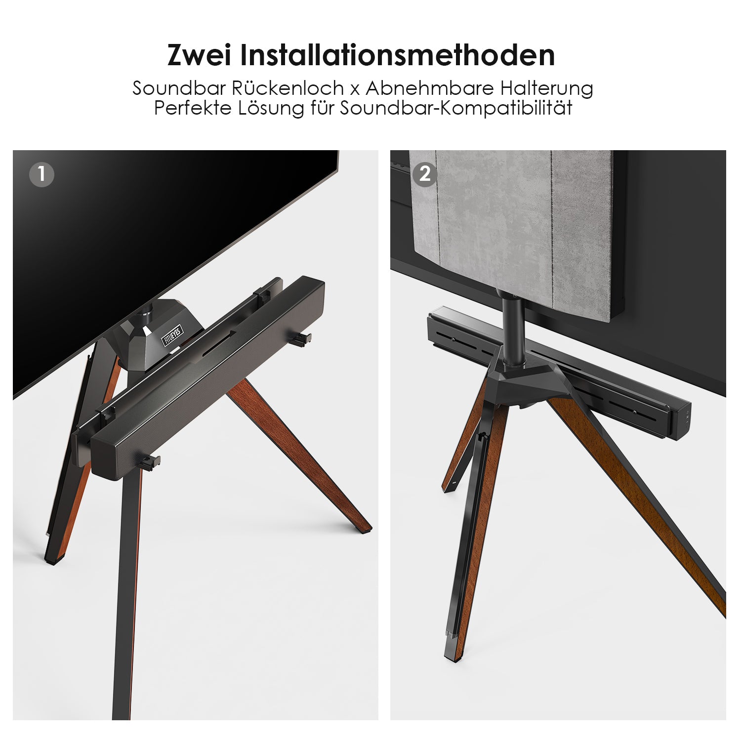 Schwarze Soundbar-Halterung mit zwei Befestigungsmöglichkeiten
