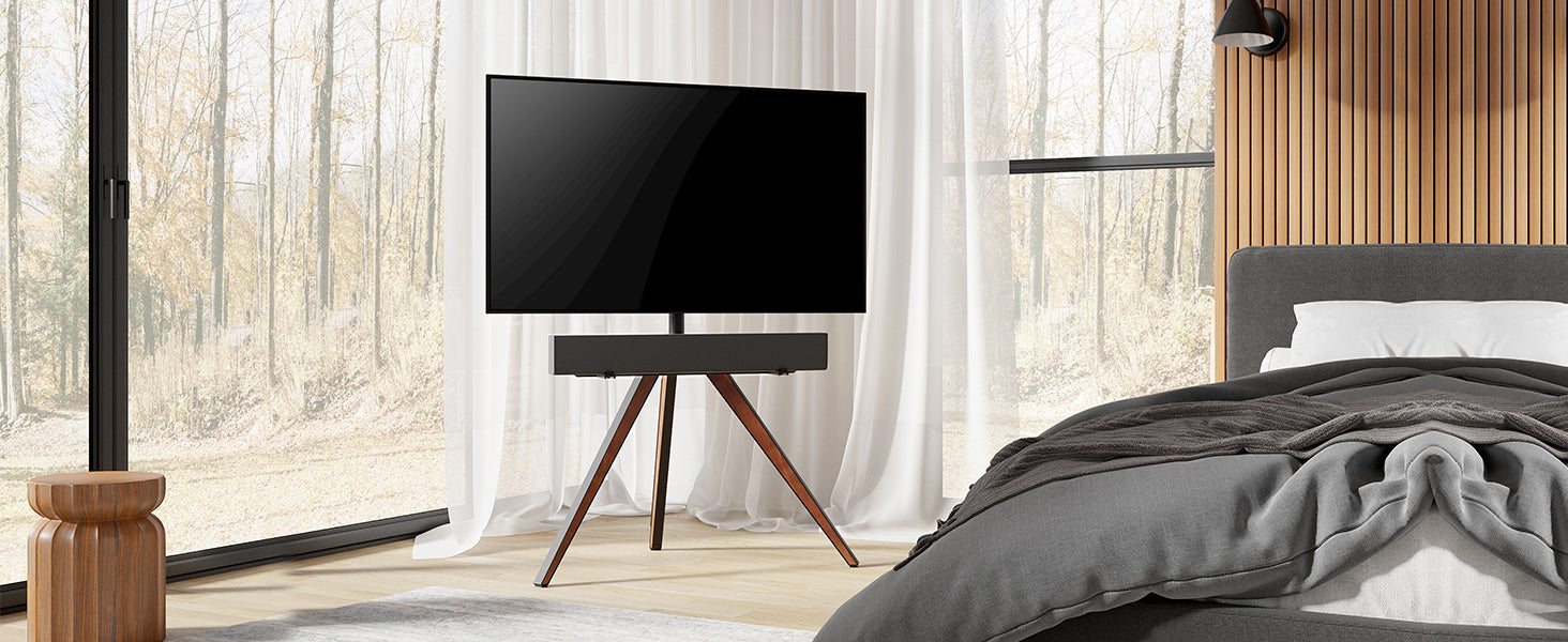 Picasso TV-Ständer mit Picasso Soundbar-Halterung im Schlafzimmer