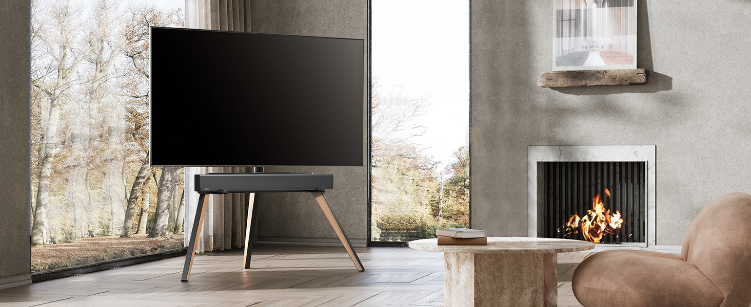 Picasso FT78 TV-Ständer mit Picasso Soundbar-Halterung im Wohnzimmer
