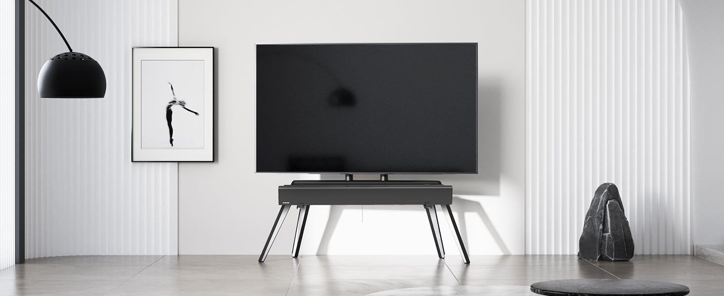 Picasso FT88 TV-Ständer mit Picasso Soundbar-Halterung im Wohnzimmer