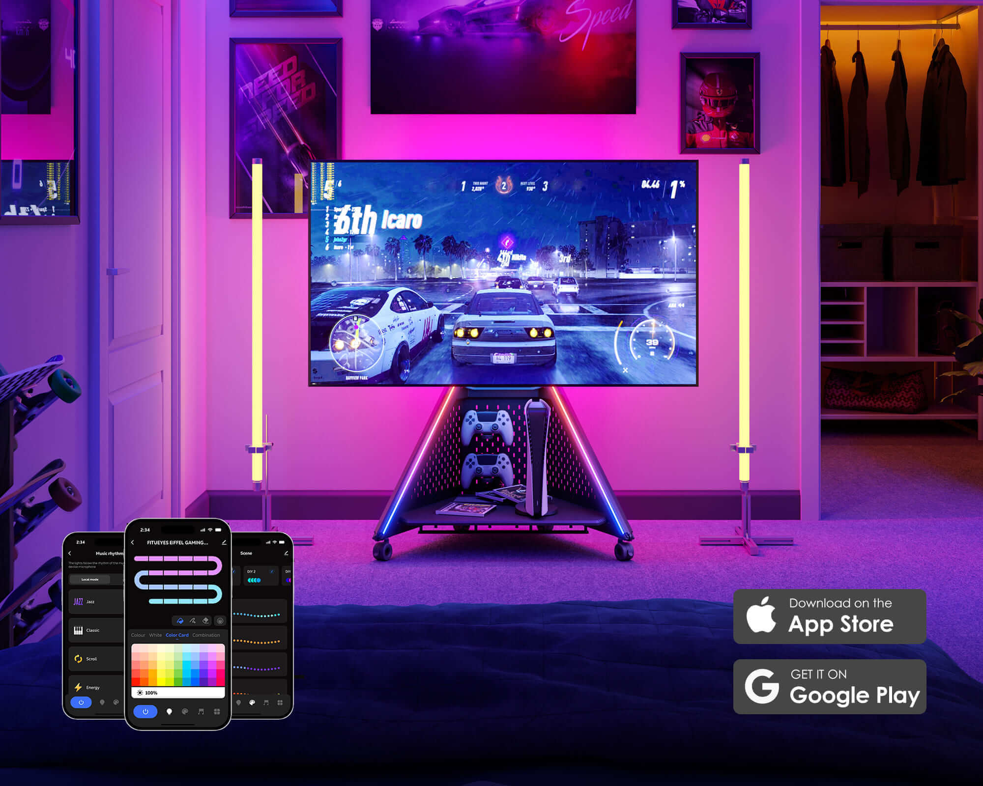 Support de tv sur roulettes avec commande d'éclairage par application, ambiance de jeu mobile